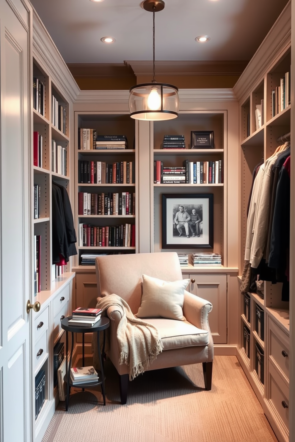 Create a cozy reading nook in a walk-in closet. The nook features a plush armchair with soft cushions, a small side table for books, and a warm throw draped over the chair. The closet walls are painted in a soft beige, and built-in shelves are lined with neatly arranged books. A stylish pendant light hangs from the ceiling, creating a warm ambiance for reading.