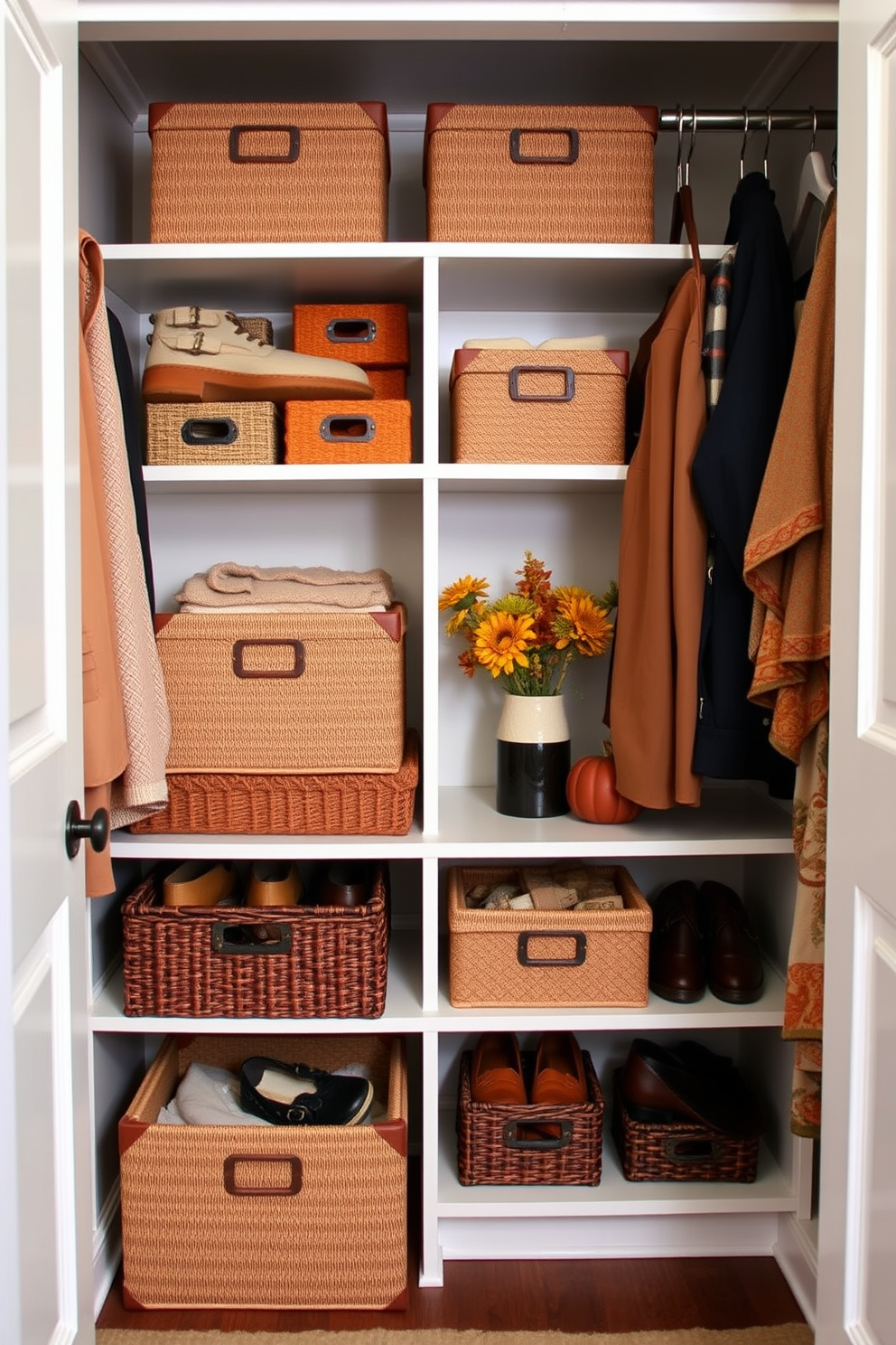 Create a stylish fall closet that maximizes space with decorative boxes for hidden storage. Incorporate warm autumn colors and textures, using rich fabrics and seasonal decor to enhance the inviting atmosphere.