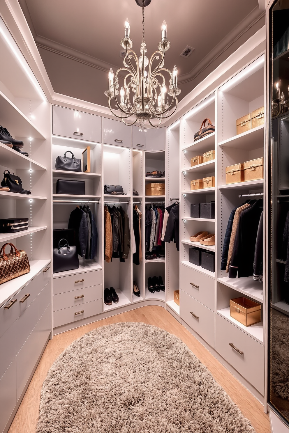 A stylish walk-in closet featuring sleek shelving and hanging spaces adorned with metallic accents. The walls are painted in a soft gray, and a plush area rug adds warmth while a stunning chandelier provides an elegant focal point. The closet is organized with a mix of open and closed storage solutions, showcasing designer handbags and shoes. Decorative boxes with metallic finishes are neatly arranged on the shelves, enhancing the overall sophistication of the space.