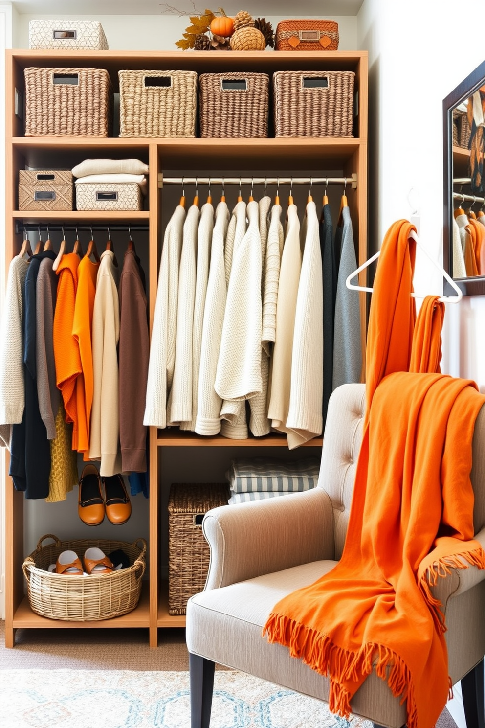 Create a cozy and inviting fall closet space. Incorporate a warm wooden shelving unit filled with neatly folded sweaters and seasonal accessories. Add a pop of orange through decorative bins and hangers. Include a plush orange throw draped over a chair and a few vibrant orange scarves hanging prominently.
