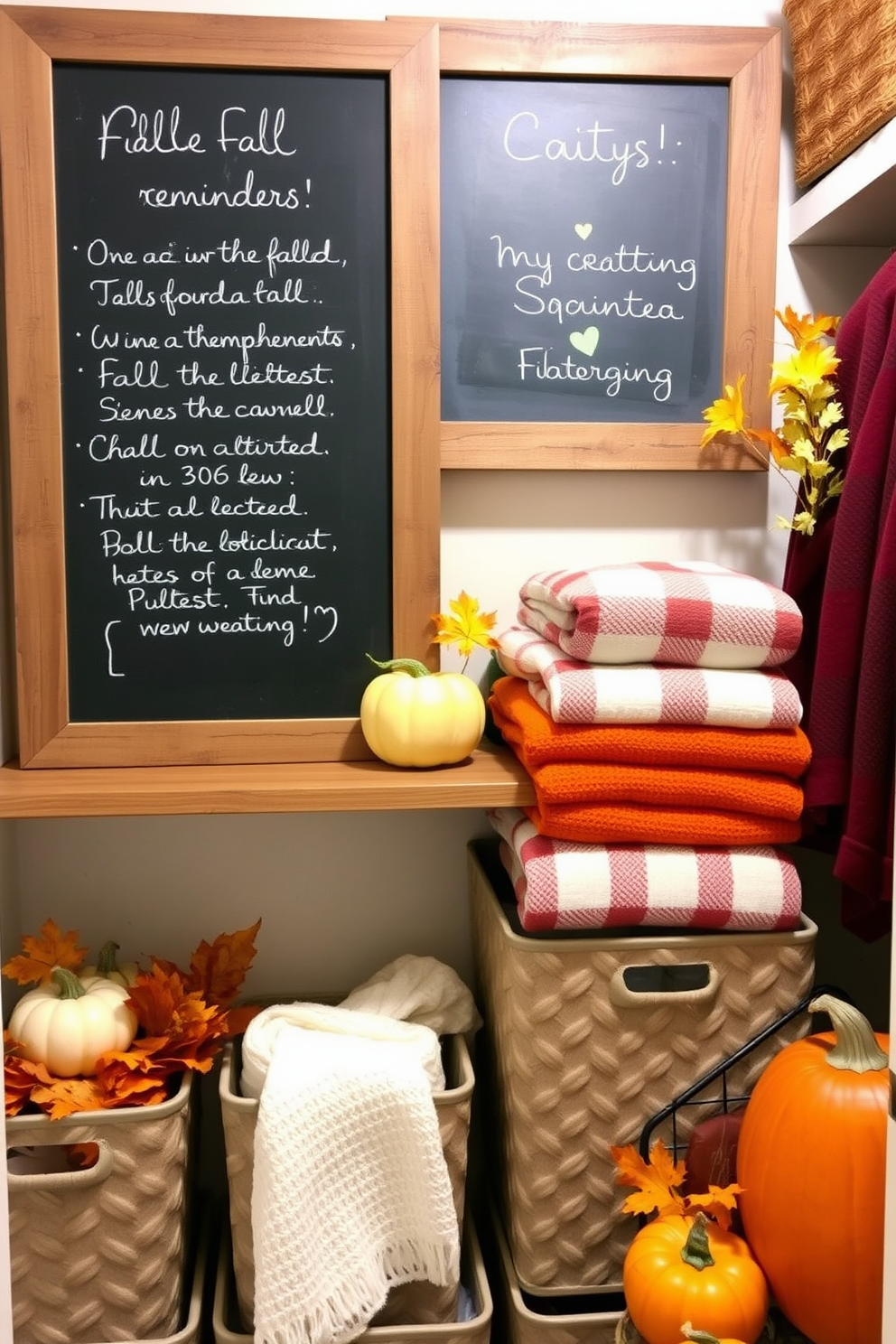 A cozy fall closet decorated with warm tones and seasonal accents. The chalkboard is framed in rustic wood and filled with handwritten notes about fall activities and reminders. Soft throw blankets in shades of orange and burgundy are neatly folded on a shelf. Pumpkins and autumn leaves are artfully arranged alongside stylish storage bins to enhance the seasonal theme.