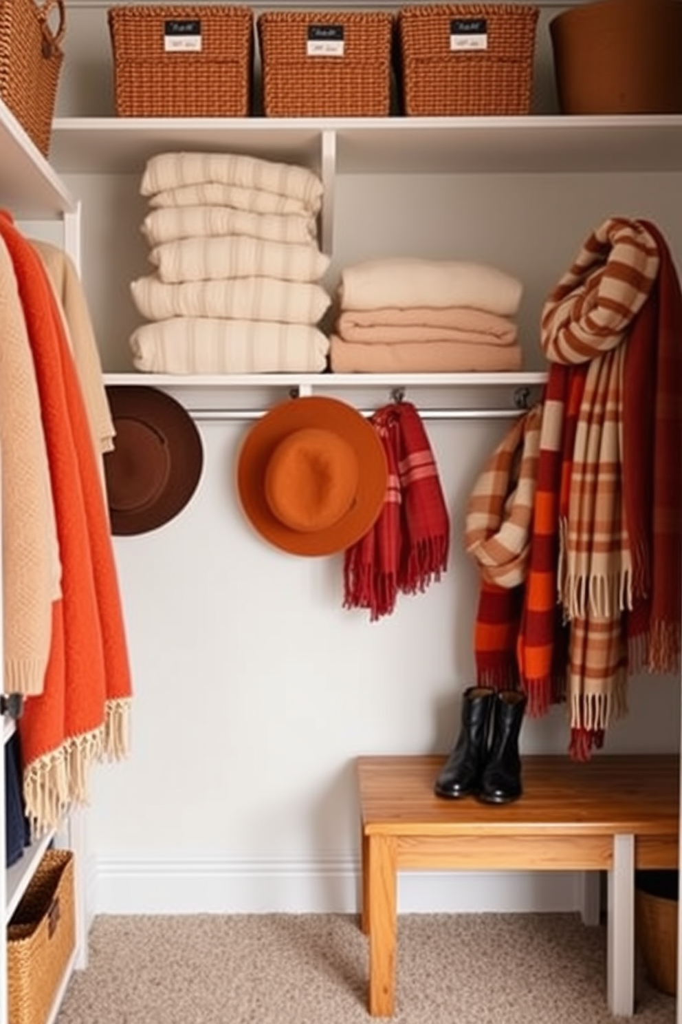 A cozy fall closet setting featuring neatly organized shelves adorned with soft throw blankets in warm autumn colors. On one side, a stylish hat and scarf display adds a seasonal touch, while a wooden bench serves as a functional seating area for putting on shoes.