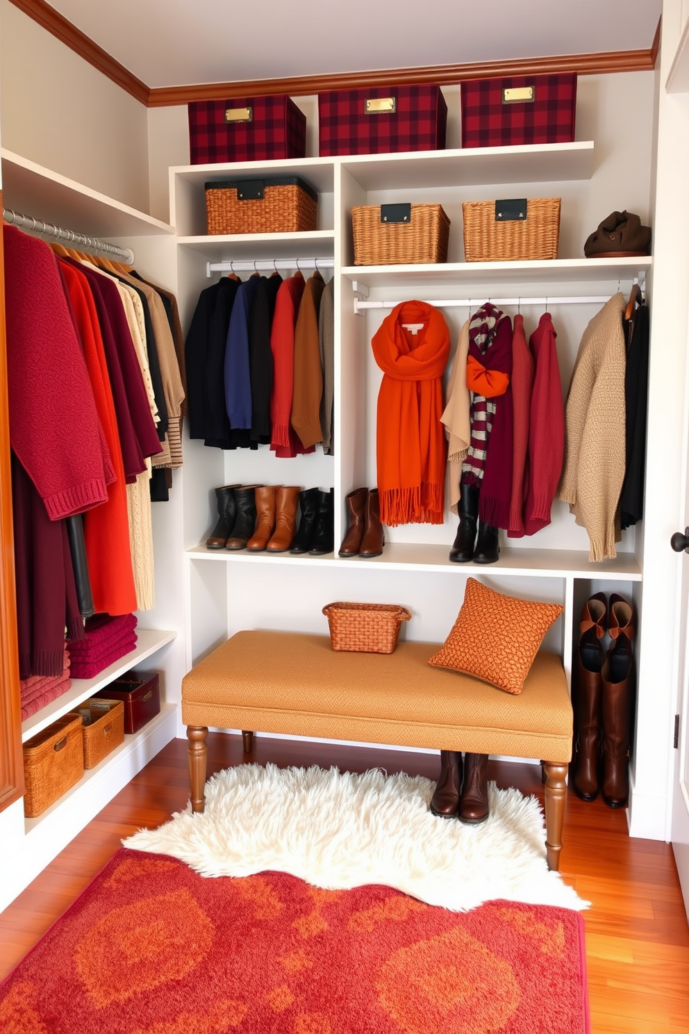 A cozy fall closet setting filled with seasonal colors like burgundy and deep orange. The walls are adorned with warm wood accents, and the shelves are neatly organized with sweaters, scarves, and boots in rich autumn hues. A plush area rug in earthy tones lies beneath a stylish bench, inviting you to sit and put on your shoes. Decorative baskets in coordinating colors are placed on the shelves, adding texture and warmth to the space.