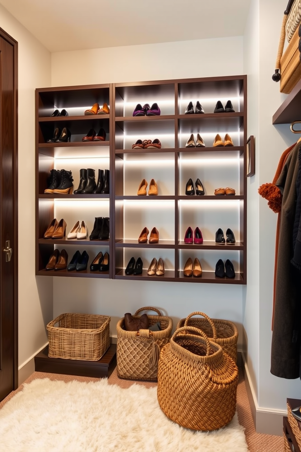 A dedicated shoe display area features elegant shelving units made of dark wood that showcase an array of stylish shoes. Soft LED lighting highlights each pair, creating a luxurious ambiance while a plush rug lies beneath to add comfort and warmth. Fall closet decorating ideas include rich autumnal colors such as deep oranges and browns to evoke the season's essence. Incorporate decorative baskets for organization and hang seasonal accessories on stylish hooks for a curated look.