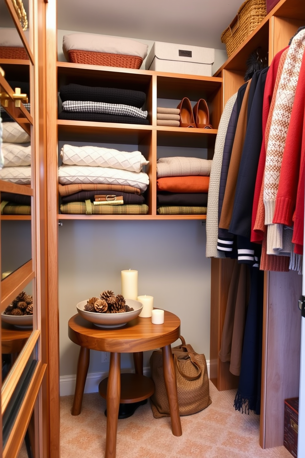 A stylish and organized fall closet featuring a mix of warm autumn colors. The closet includes wooden shelves filled with neatly folded sweaters and seasonal shoes, with a small accent table placed in the corner for decorative items. The accent table is adorned with a decorative bowl filled with pinecones and a cozy candle. Soft lighting illuminates the space, enhancing the inviting atmosphere of the fall season.