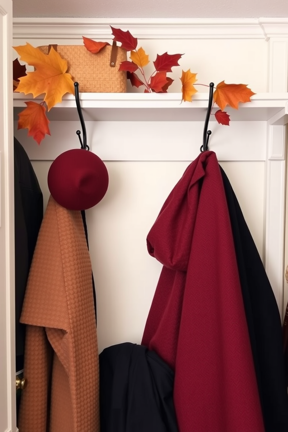 A stylish fall closet featuring wall hooks for easy access to outerwear. The hooks are arranged in an aesthetically pleasing manner, complementing the warm autumn color palette of the closet.