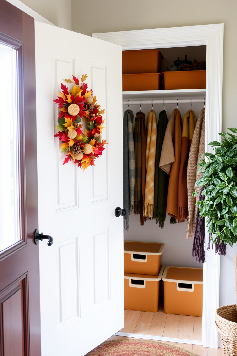 A cozy entryway featuring a charming front door adorned with a vibrant fall wreath made of colorful leaves and seasonal accents. Inside, the closet is organized with warm-toned storage bins and plush scarves hanging neatly on hooks, creating a welcoming atmosphere.