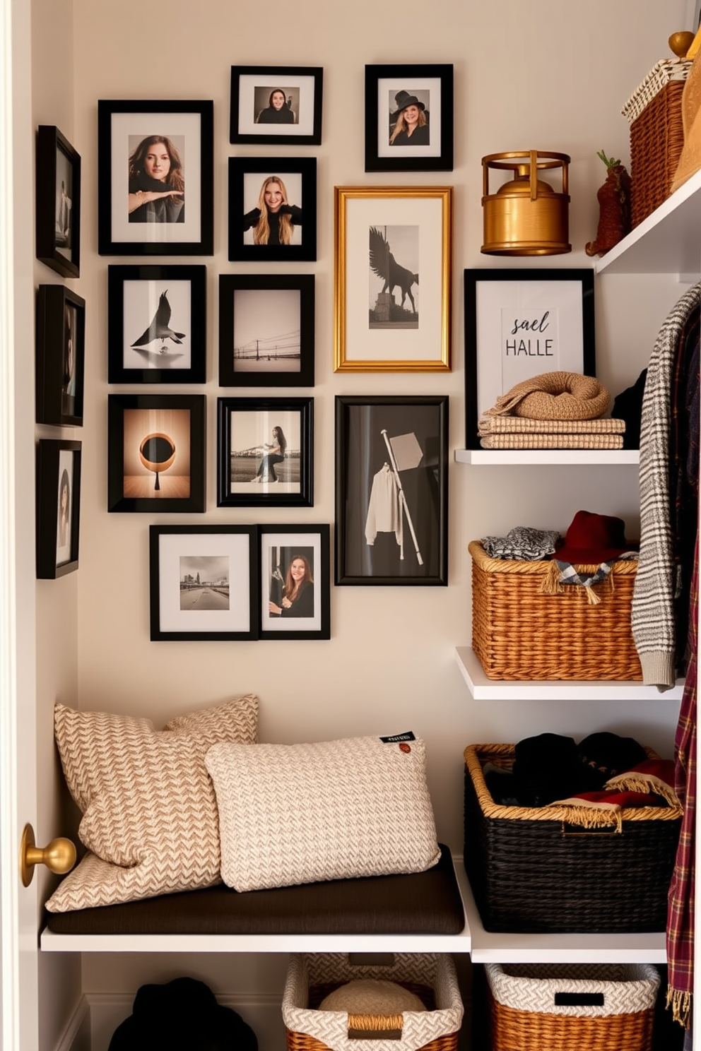 Create a mini gallery wall featuring a mix of framed photographs and art prints. The wall is adorned with various sizes of frames in black and gold, arranged in an asymmetrical layout. For the fall closet decorating ideas, envision a cozy closet space with warm tones and seasonal accents. There are plush throw pillows on a small bench, and decorative baskets filled with scarves and hats neatly organized on the shelves.