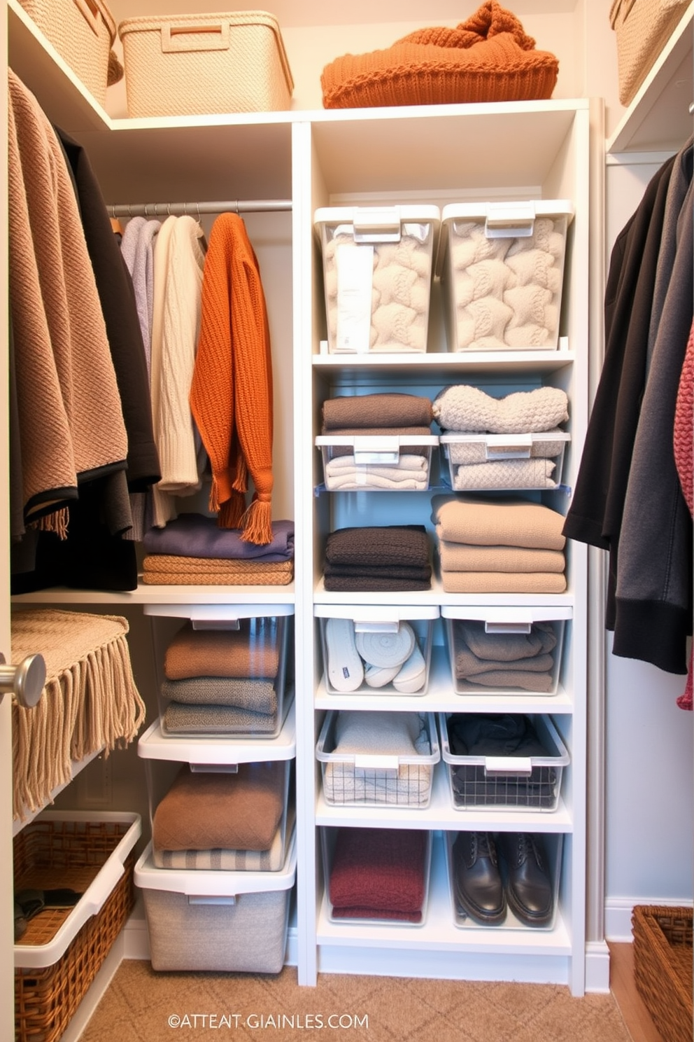 A stylish fall closet design featuring clear bins for easy visibility and organization. The space is adorned with warm autumn colors, with cozy textures like knitted throws and soft blankets neatly arranged on shelves.