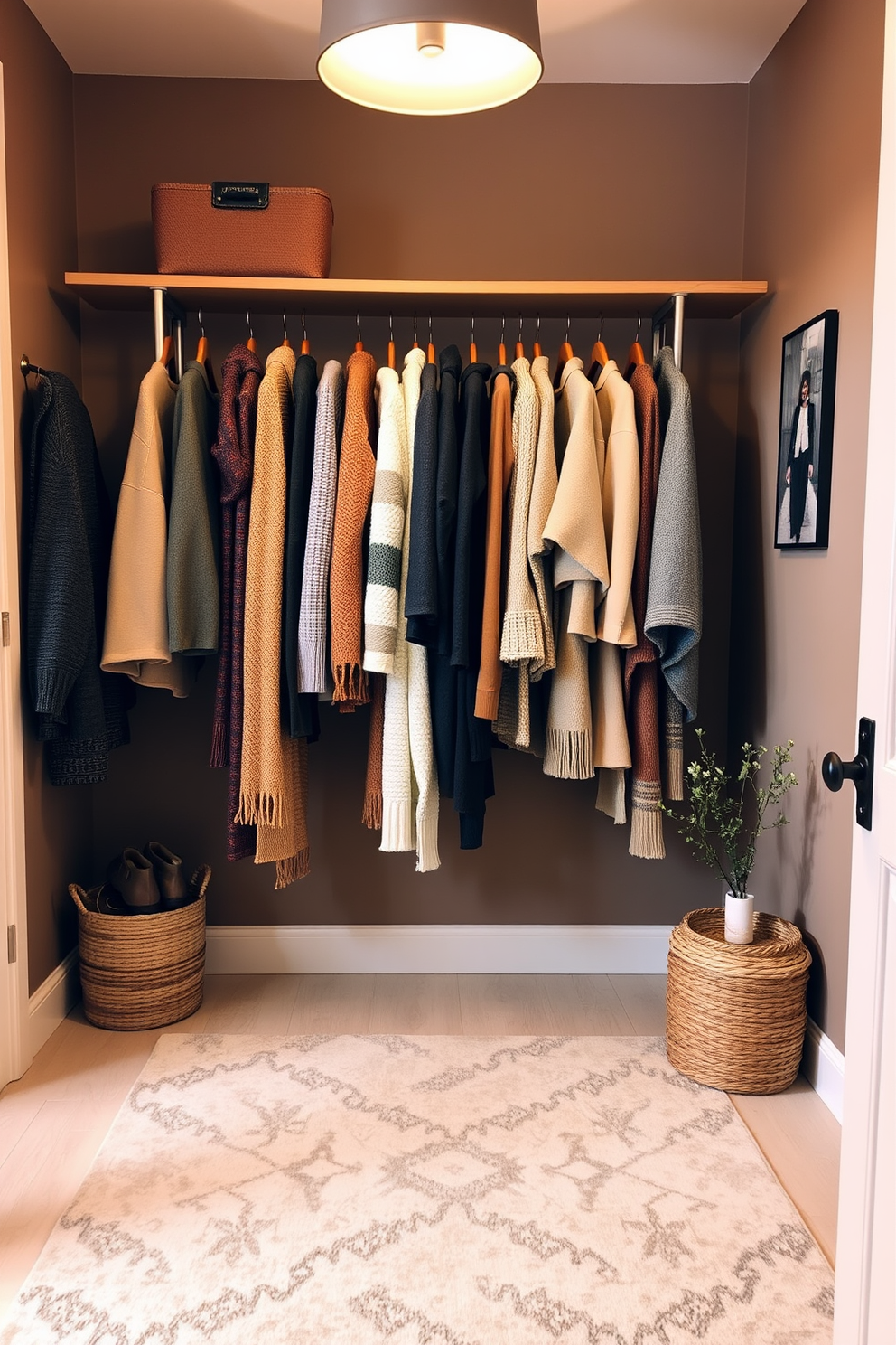 A stylish fall closet featuring a wooden clothing rack displaying an array of cozy sweaters and scarves. The walls are painted in a warm taupe, and the floor is adorned with a soft, neutral rug that complements the seasonal decor. On the side, a decorative basket holds assorted shoes, while a small potted plant adds a touch of greenery. Ambient lighting from a chic pendant lamp enhances the inviting atmosphere, creating a perfect space for fall fashion.