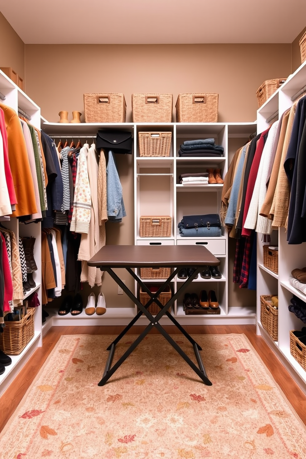 A cozy fall closet space designed for easy outfit planning. The walls are painted in a warm taupe color, and the floor is adorned with a soft area rug in autumn hues. A folding table is placed in the center for convenient access to clothing and accessories. Shelves are lined with neatly organized seasonal clothes, and decorative baskets hold shoes and accessories.