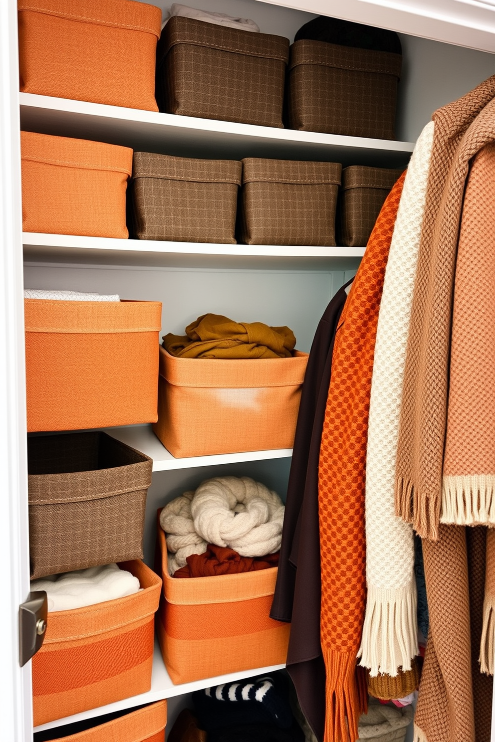 A cozy fall closet setting featuring fabric bins in warm autumn colors to soften the hard edges of the space. The bins are neatly arranged on shelves, complemented by hanging sweaters and scarves in rich textures and earthy tones.
