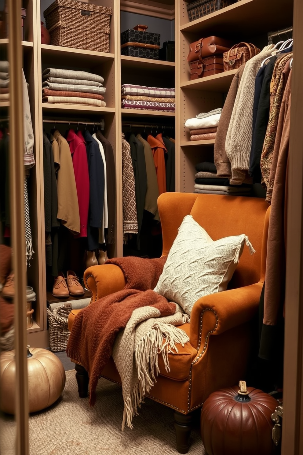 A cozy fall closet featuring a plush armchair upholstered in warm, earthy tones sits invitingly in the corner. Soft throws and decorative pillows are arranged on the chair, creating a perfect nook for relaxation amidst organized shelves filled with seasonal clothing and accessories.