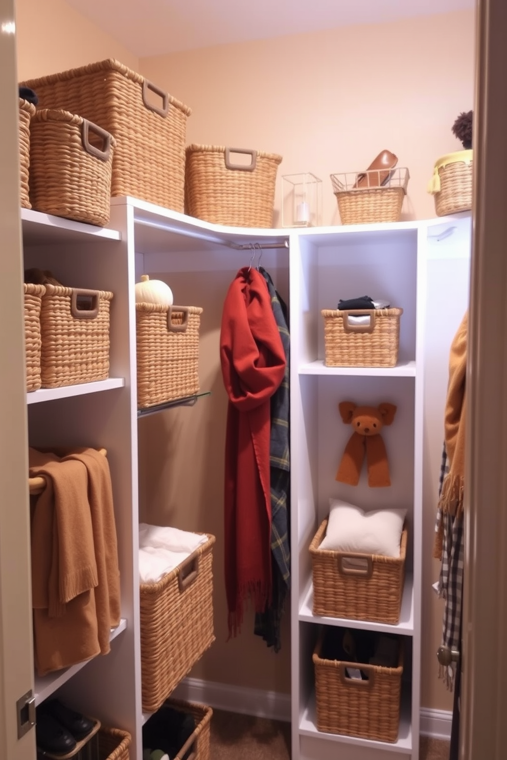 A stylish fall closet featuring decorative storage baskets for organization. The baskets are made of natural fibers and come in various sizes, neatly arranged on shelves to maximize space. The walls of the closet are painted in a warm beige tone, creating a cozy atmosphere. Soft lighting illuminates the space, highlighting seasonal accessories and autumn-colored scarves hanging elegantly.