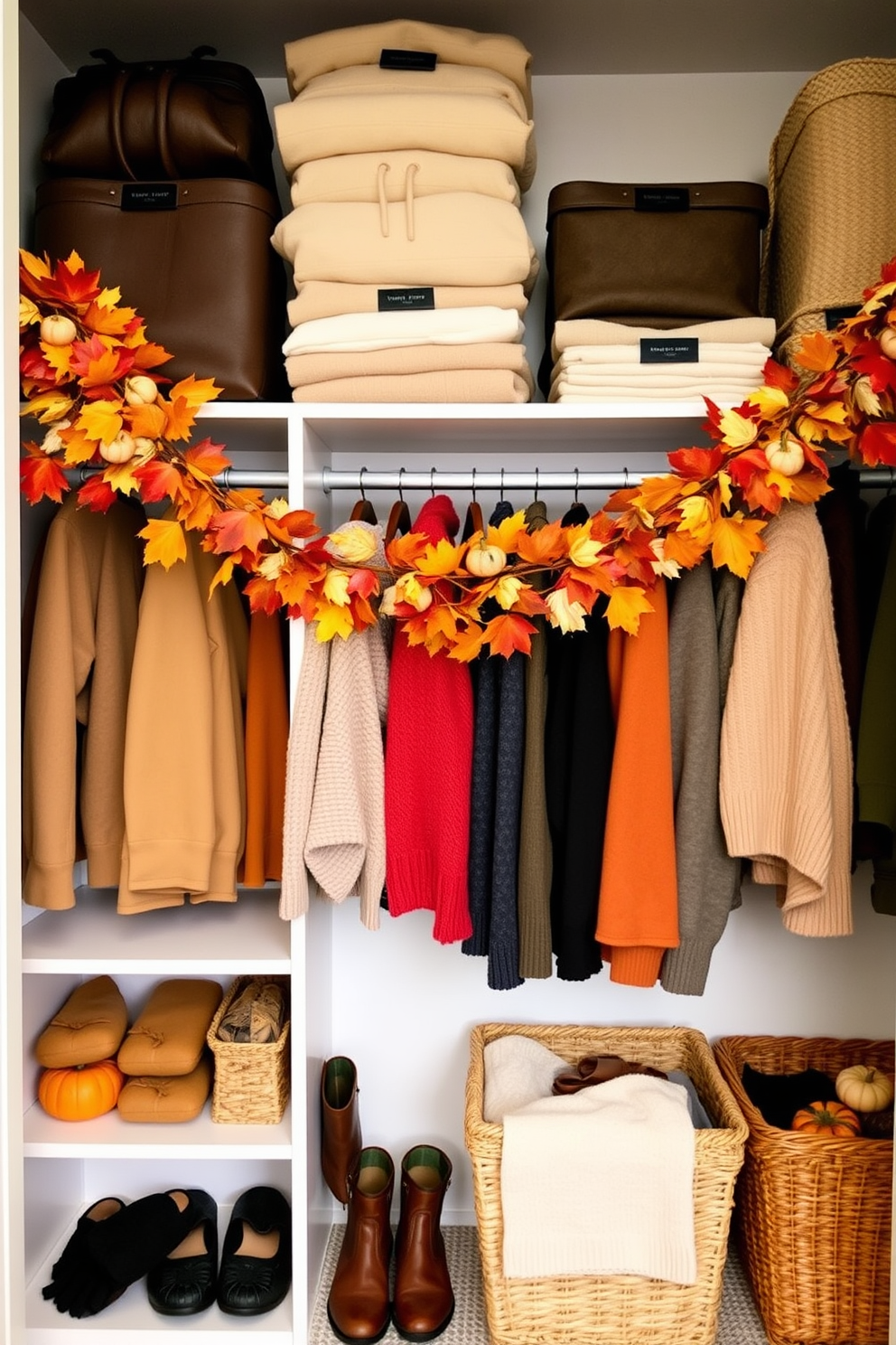 A cozy fall closet adorned with a seasonal garland made of colorful leaves and small pumpkins. The shelves are neatly organized with warm-toned sweaters and boots, while a few decorative baskets hold accessories.