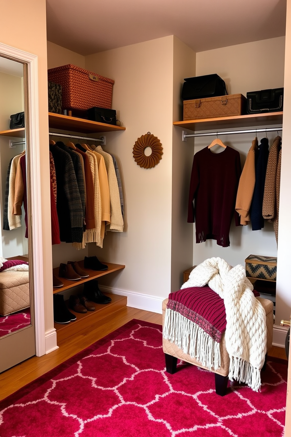 A cozy fall closet featuring warm tones and textures. The walls are painted in a soft beige, and a statement rug in rich burgundy adds comfort underfoot. Wooden shelves are neatly arranged with seasonal sweaters and accessories, while a full-length mirror reflects the inviting atmosphere. A stylish ottoman sits in the corner, adorned with a plush throw blanket for added warmth.