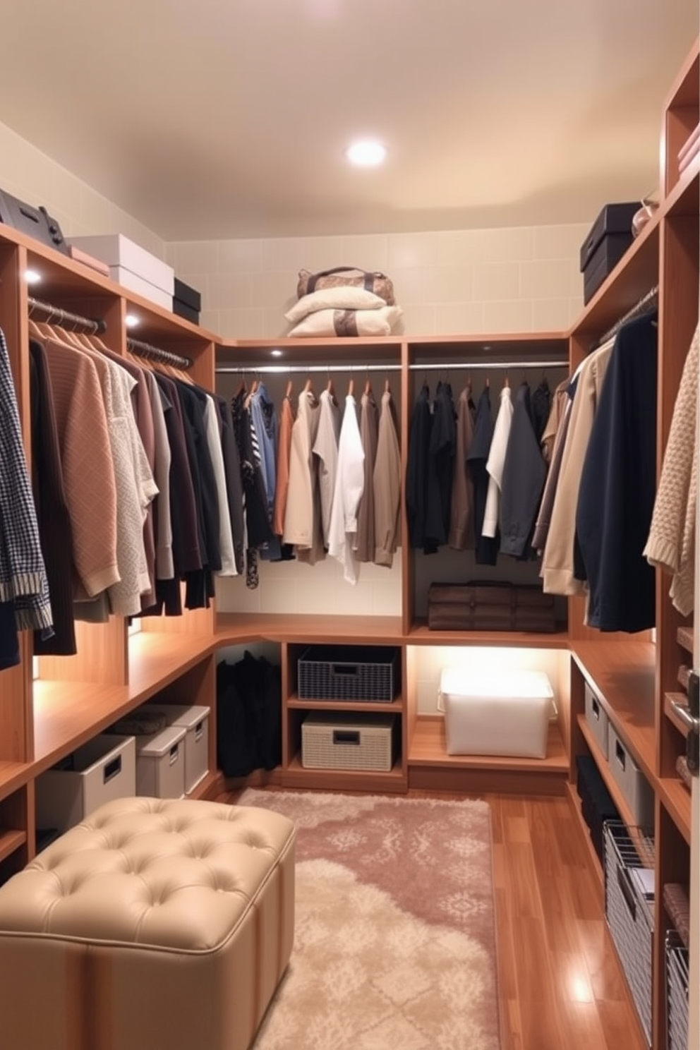 A cozy and organized walk-in closet featuring custom wooden shelving and hanging racks. Soft warm lighting illuminates the space, creating an inviting ambiance for displaying seasonal clothing and accessories. Incorporate plush area rugs and a stylish ottoman for added comfort. Use decorative storage boxes and baskets to maintain an organized and aesthetically pleasing environment.