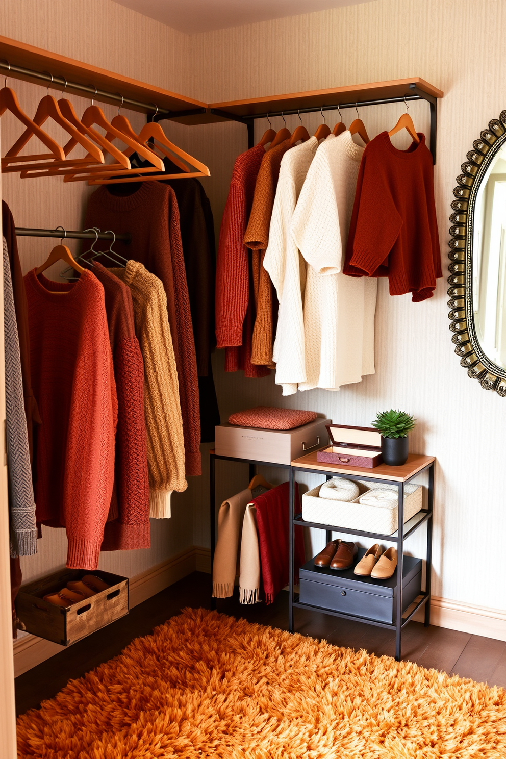 A stylish fall closet featuring matching hangers in warm tones for a cohesive and organized appearance. The walls are adorned with soft beige wallpaper and the floor is covered with a plush area rug in autumn hues. Cozy sweaters in rich colors are neatly arranged on the shelves alongside seasonal accessories displayed in elegant boxes. A decorative mirror with a wooden frame reflects the inviting ambiance, while a small potted plant adds a touch of greenery to the space.