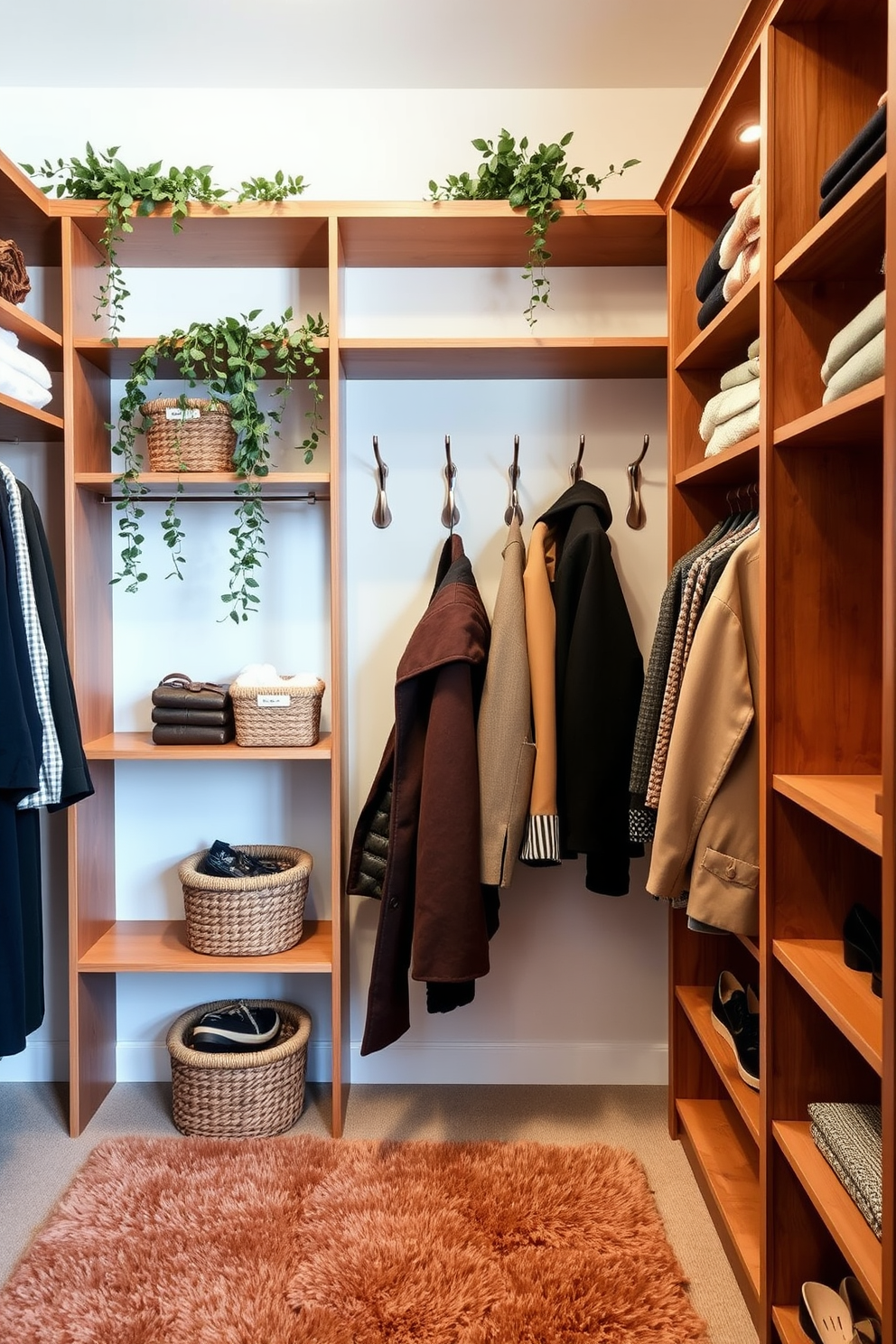 A stylish fall closet design featuring warm wood shelving and soft lighting creates an inviting atmosphere. The space is adorned with faux plants cascading from the upper shelves, adding a touch of nature to the organized layout. Cozy knitted baskets are used to store seasonal accessories, while a plush area rug in autumn hues enhances the overall warmth of the closet. Elegant hooks on the wall display a curated selection of fall outerwear, making it both functional and aesthetically pleasing.