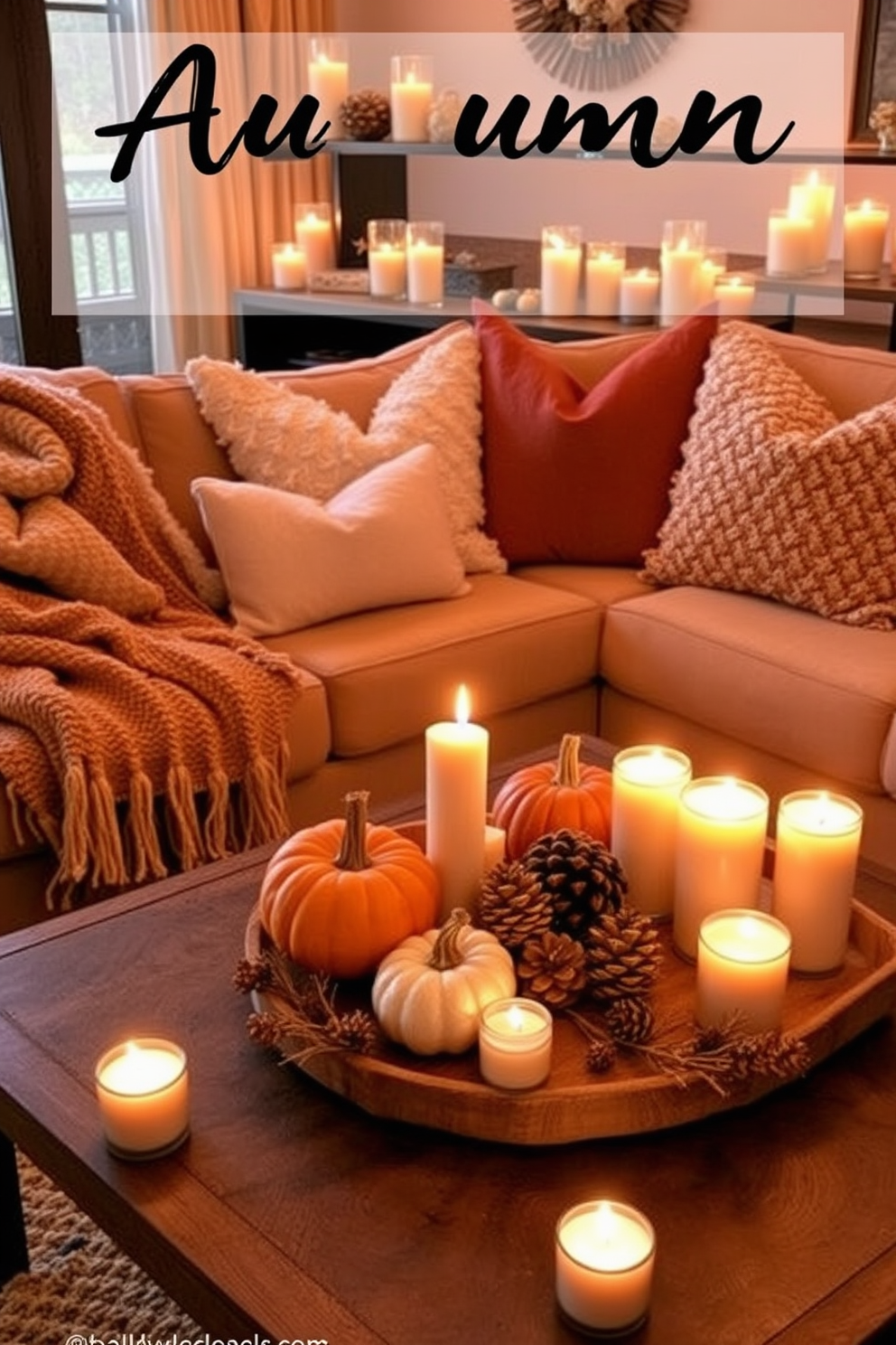 Create a cozy living room scene filled with the warm glow of candles in various autumn scents such as pumpkin spice and cinnamon. The space is adorned with rich, earthy tones, featuring plush throw blankets and decorative pillows that reflect the colors of fall. Incorporate seasonal elements like small pumpkins and pinecones on the coffee table, surrounded by flickering candlelight. The atmosphere is inviting and perfect for enjoying the crisp autumn evenings with friends and family.