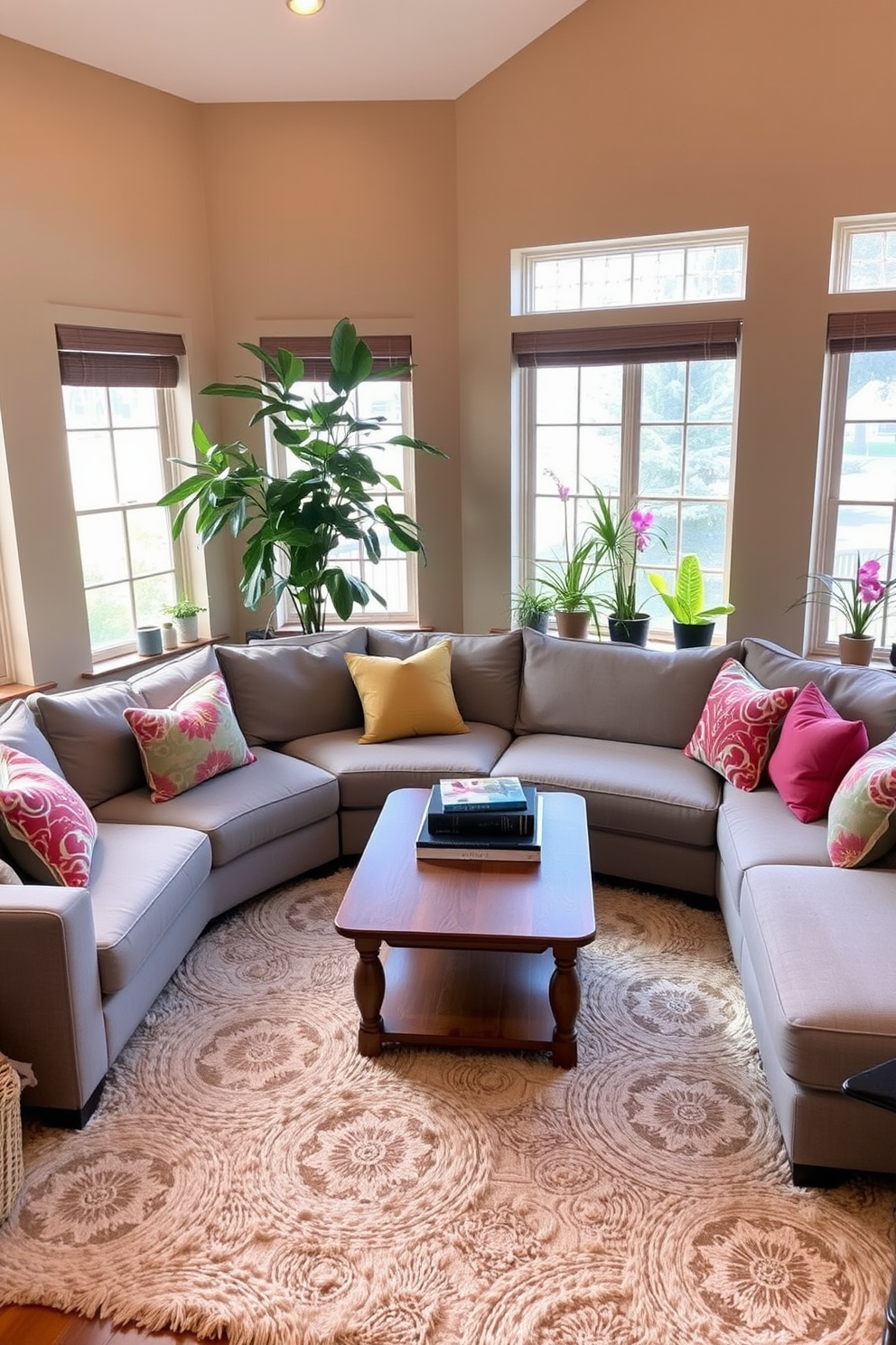 A stunning family room featuring a statement fireplace as the central focal point. The fireplace is surrounded by elegant built-in shelves filled with books and decorative items, creating a cozy and inviting atmosphere. Plush seating arrangements in neutral tones are arranged around the fireplace, complemented by colorful accent pillows. Large windows allow natural light to flood the space, enhancing the warm ambiance of the room.