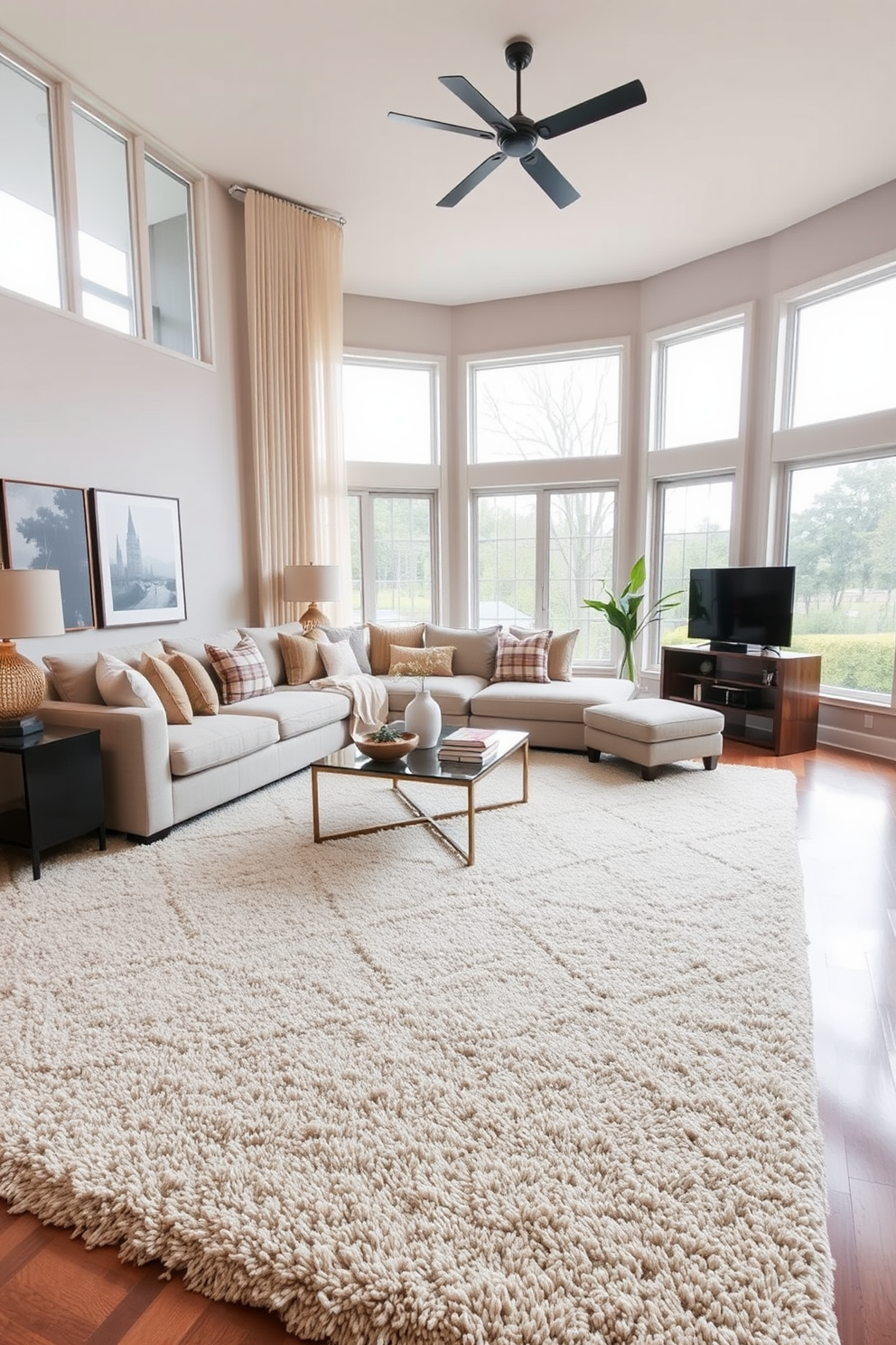A cozy family room filled with natural light. Lush indoor plants are strategically placed around the space, adding a touch of greenery and warmth. The room features a comfortable sectional sofa in soft beige fabric. A wooden coffee table sits in the center, surrounded by vibrant potted plants that enhance the inviting atmosphere.
