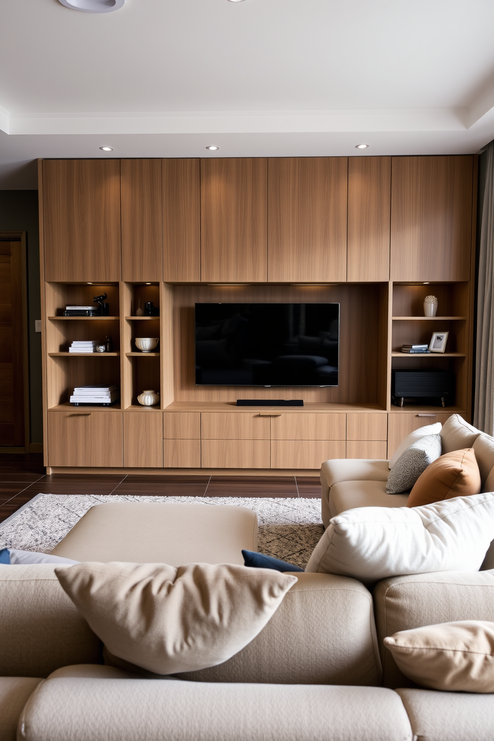 A modern family room featuring a wall-mounted TV to maximize floor space. The room is designed with a cozy sectional sofa and a sleek coffee table, creating an inviting atmosphere for relaxation and entertainment.