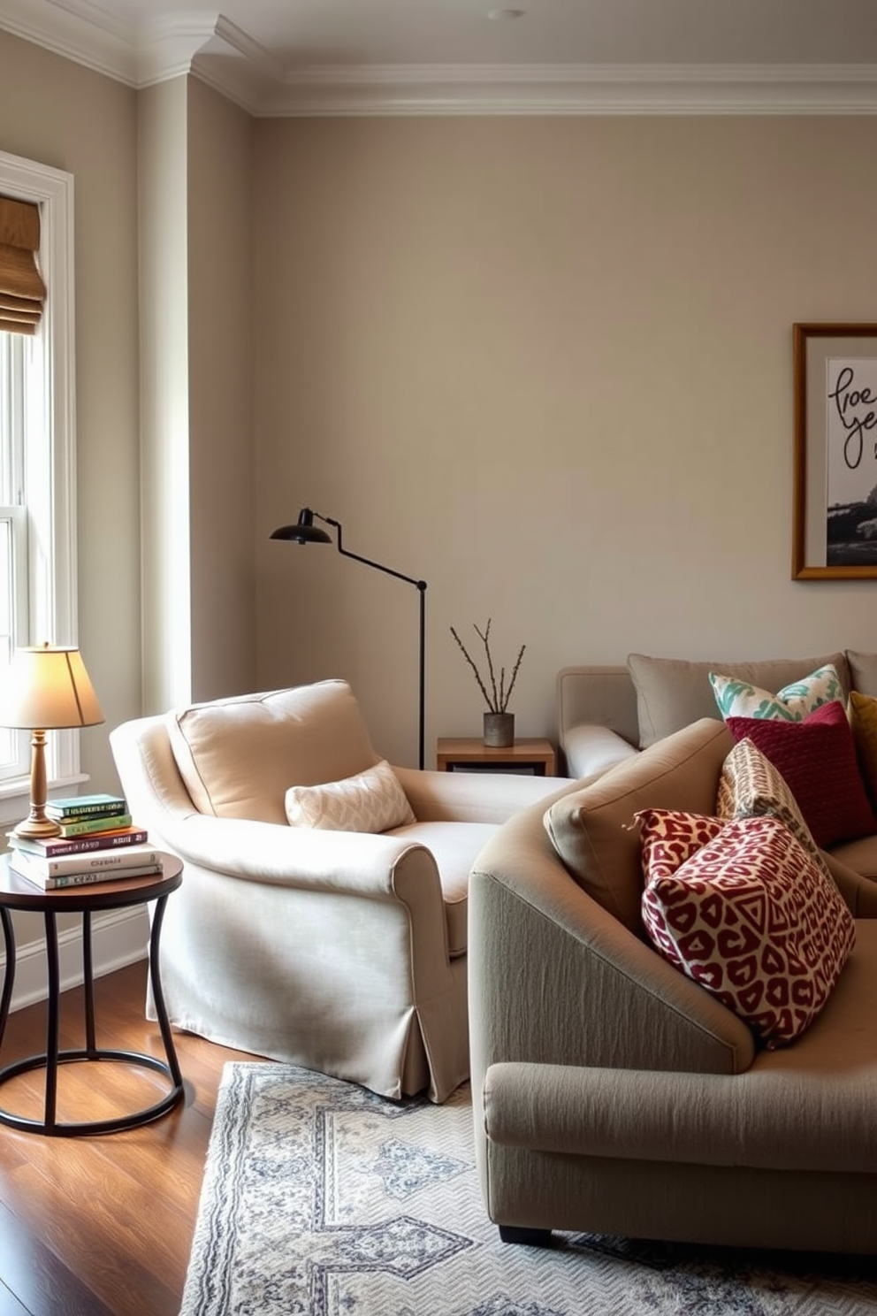 A cozy reading nook with a plush armchair upholstered in soft fabric sits in the corner of a sunlit room. A small side table holds a stack of books and a steaming cup of tea, while a floor lamp with a warm glow illuminates the space. Family room design ideas feature a spacious layout with a large sectional sofa adorned with colorful throw pillows. A coffee table made of reclaimed wood sits in the center, surrounded by a plush area rug that adds warmth and texture to the room.