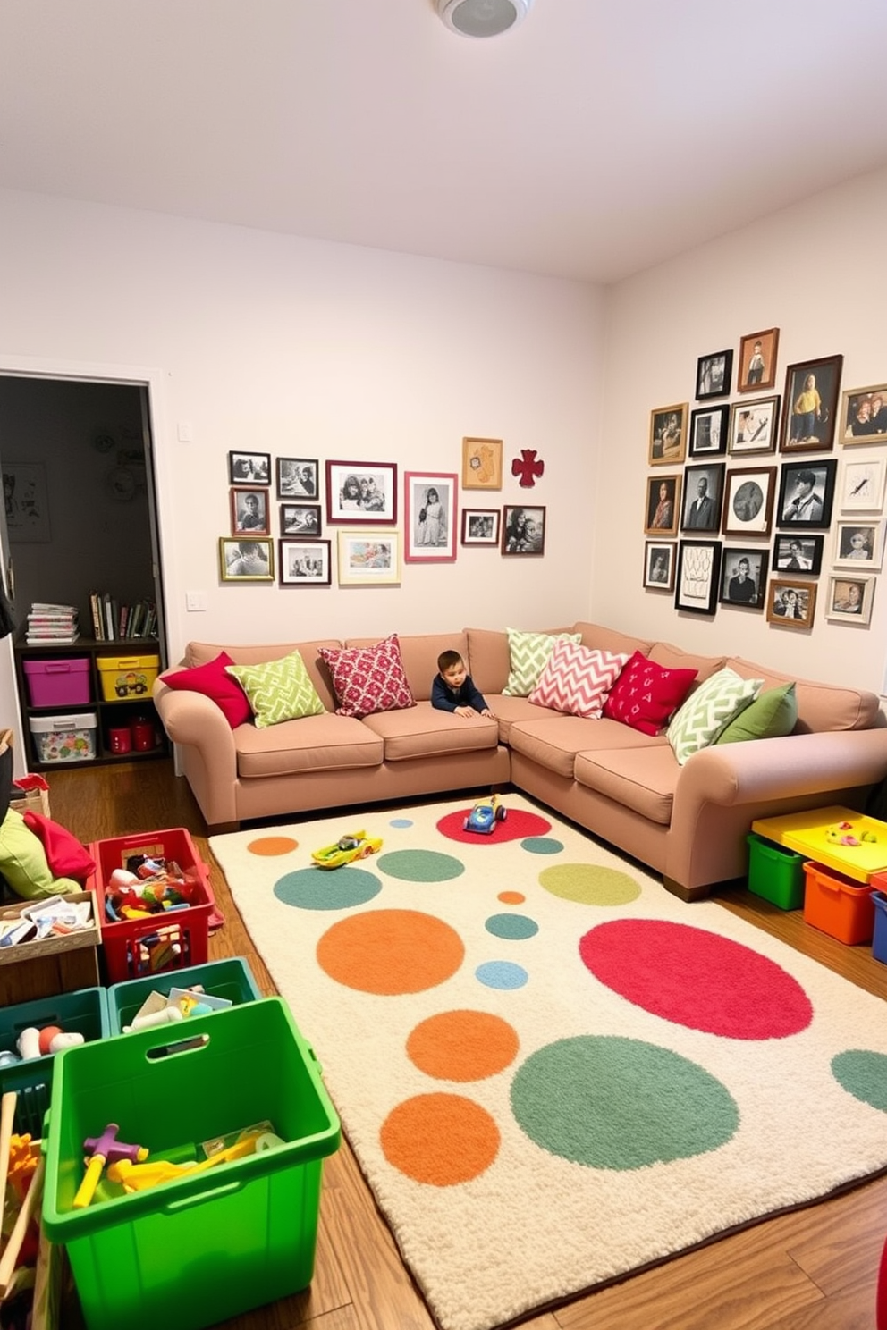 A family room that seamlessly blends modern and traditional furniture styles. A plush sectional sofa in a neutral tone is paired with a vintage wooden coffee table, creating a cozy yet elegant atmosphere. On one side, a contemporary armchair complements the sofa, while on the other, a classic bookshelf filled with books and decorative items adds warmth. The walls are adorned with a mix of modern art and traditional framed photographs, enhancing the room's eclectic charm.