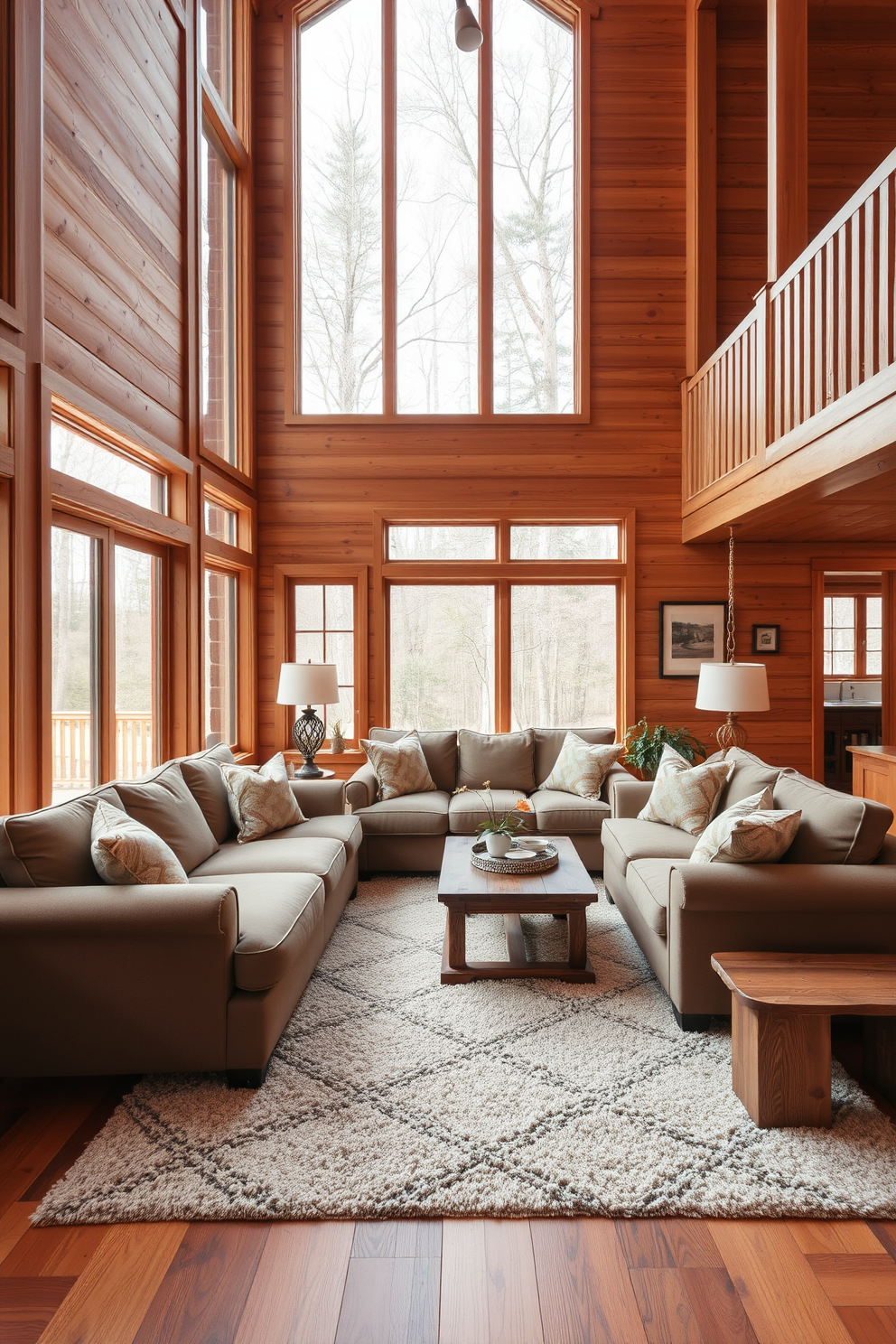 A cozy family room featuring rustic wood beams on the ceiling to create a warm and inviting atmosphere. The space includes a large sectional sofa adorned with textured throw pillows, a reclaimed wood coffee table at the center, and a stone fireplace that adds charm and comfort.