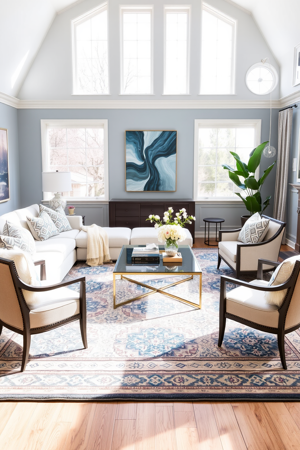 Bright artwork to liven up the room. A large abstract painting with vibrant colors hangs above a plush sectional sofa, creating a focal point that draws the eye. The walls are painted in a soft neutral tone to complement the artwork. A stylish coffee table sits in front of the sofa, adorned with decorative books and a small potted plant.