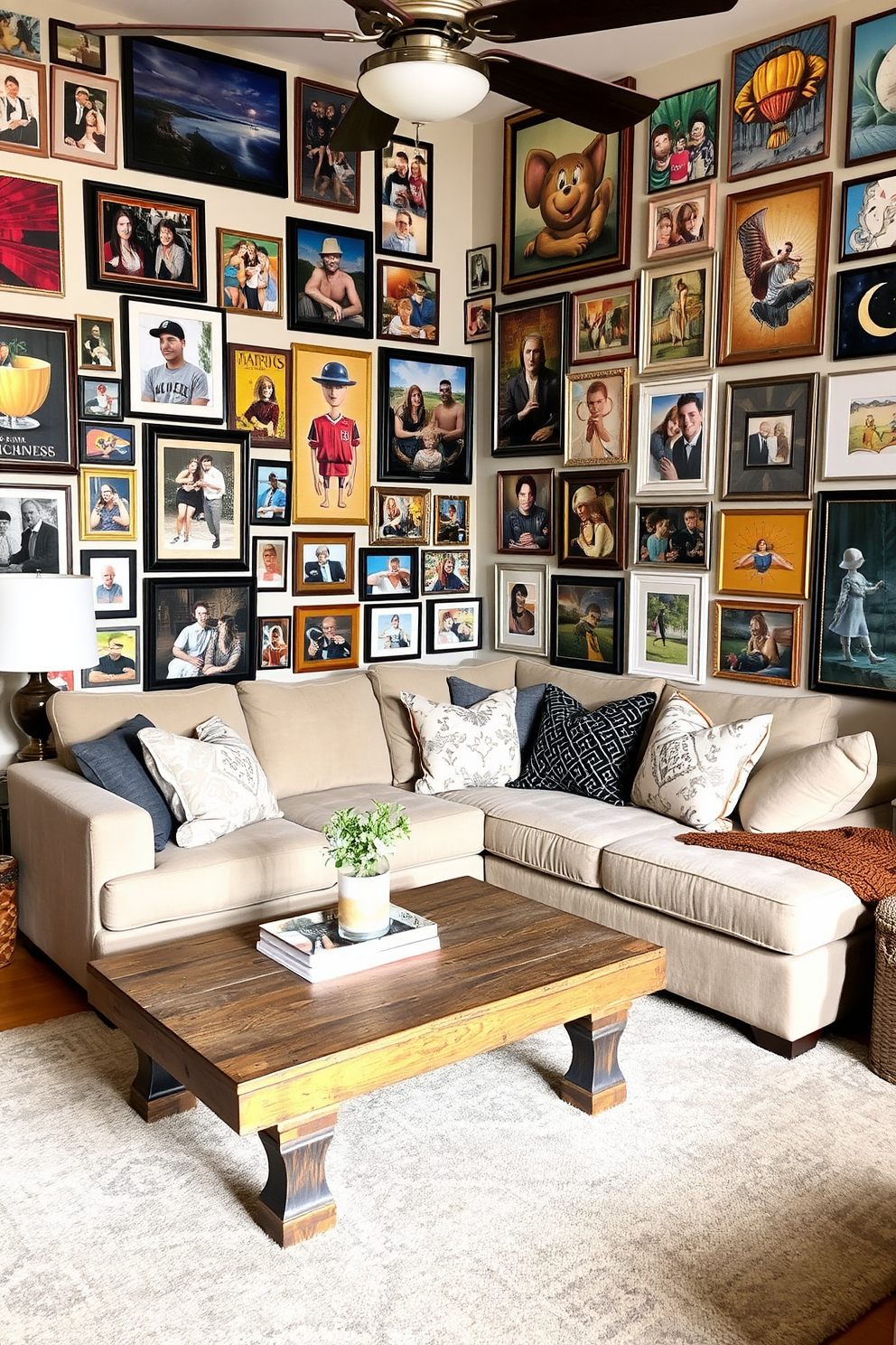 A cozy family room featuring a soft area rug that defines the seating area. The room includes a plush sectional sofa adorned with colorful throw pillows and a stylish coffee table at the center.