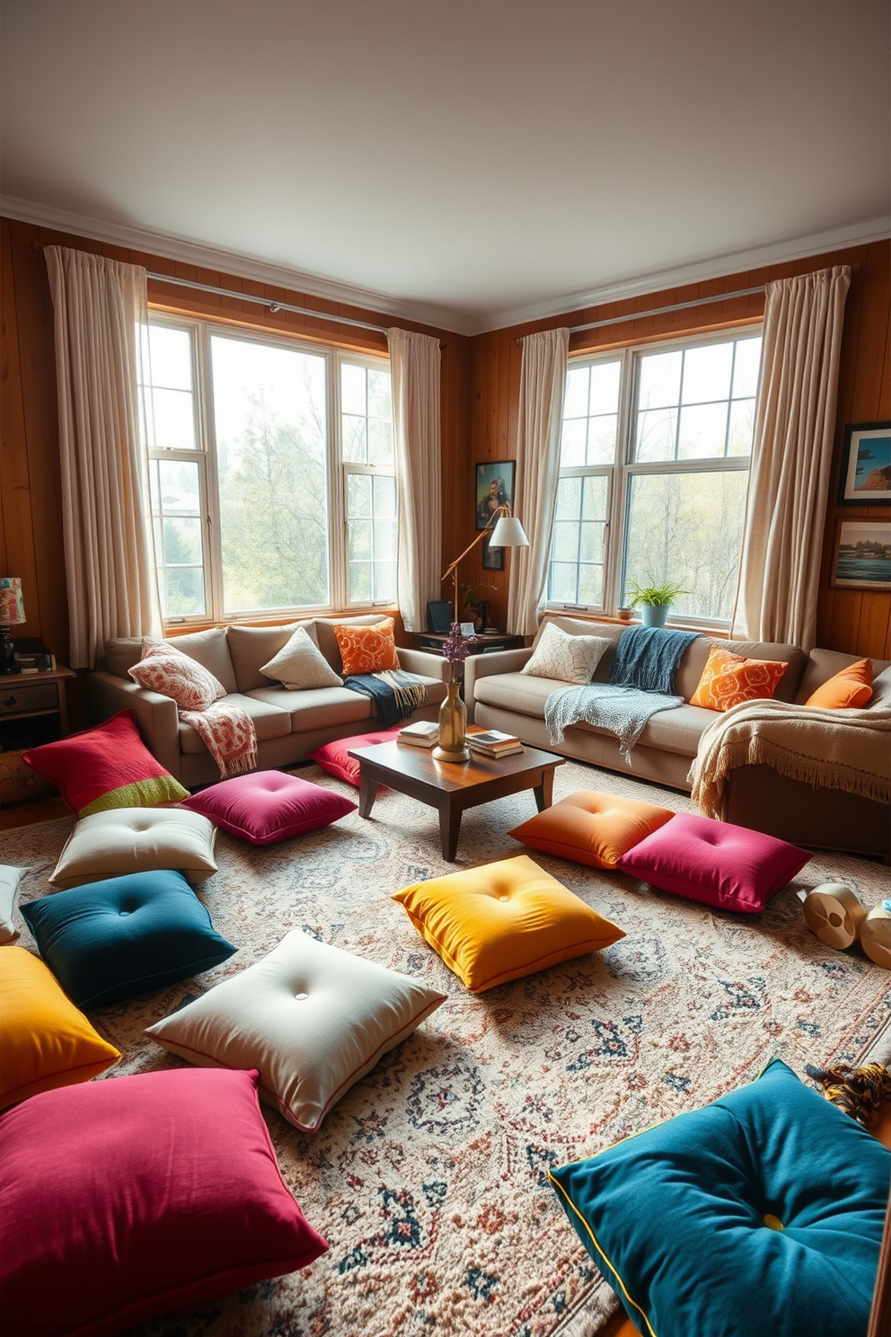 Accent lighting creates a warm and inviting atmosphere in the family room. Softly illuminated shelves showcase decorative items while recessed lights enhance the cozy seating area. A spacious layout features a plush sectional sofa adorned with colorful throw pillows. A stylish coffee table sits at the center, surrounded by accent chairs that complement the overall design.