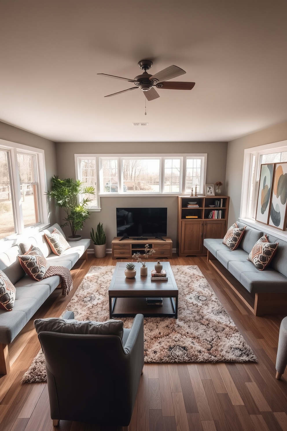 A spacious family room featuring a neutral sofa adorned with vibrant throw pillows in various colors. The room is filled with natural light from large windows, and a cozy area rug anchors the seating arrangement.