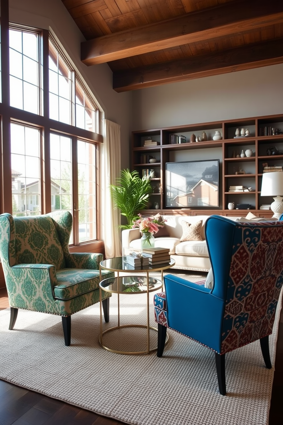 A unique coffee table design features an asymmetrical shape made from reclaimed wood with a glass top. The table is adorned with decorative books and a small succulent centerpiece, adding a touch of greenery to the space. The family room design incorporates a cozy sectional sofa in a neutral fabric, paired with colorful throw pillows for added comfort. A large area rug anchors the seating arrangement, while a gallery wall of family photos adds a personal touch to the room.