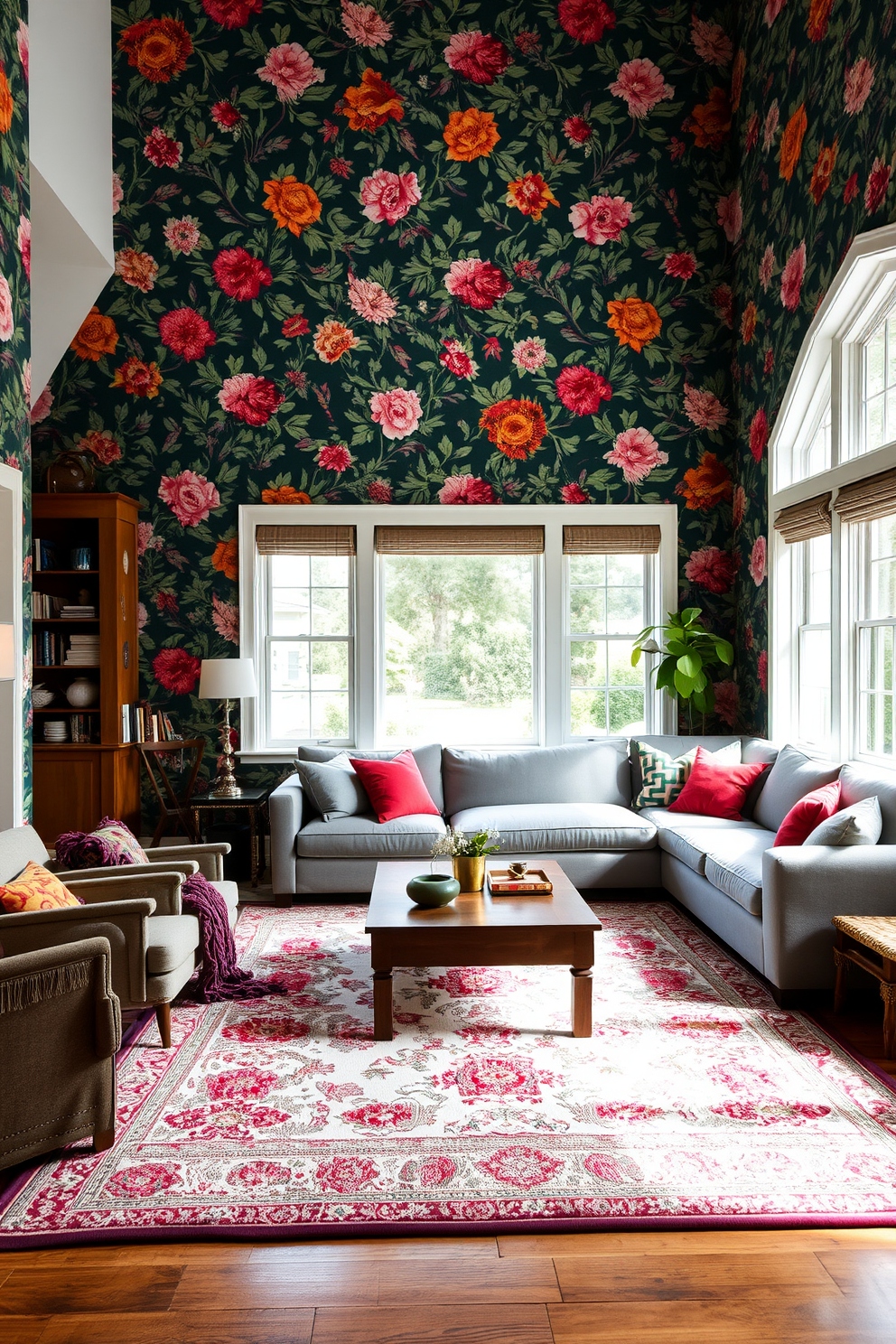 A cozy family room featuring warm wood tones and plush furnishings. The walls are adorned with soft, neutral colors, and a large sectional sofa invites relaxation. A rustic coffee table made from reclaimed wood sits at the center, surrounded by textured throw blankets and decorative pillows. Large windows allow natural light to flood the space, highlighting the rich grain of the wooden accents.