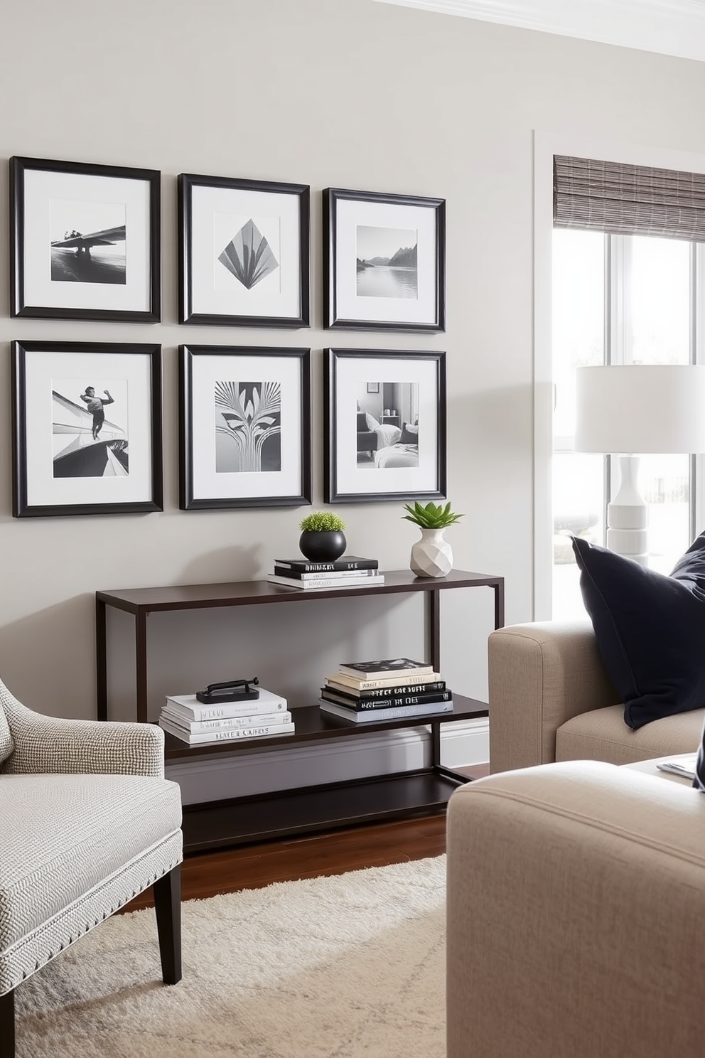 A cozy family room filled with personalized decor that reflects your unique style. The space features a large sectional sofa adorned with colorful throw pillows and a stylish coffee table at the center. On one wall, a gallery of family photos in various frames showcases cherished memories. A plush area rug anchors the seating area, while a mix of plants adds a touch of greenery and warmth to the room.
