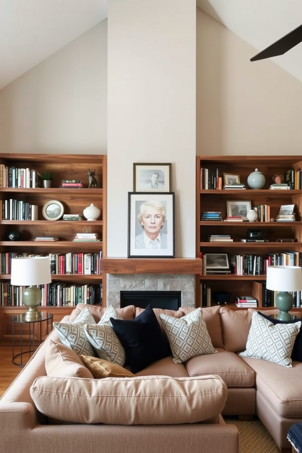 A gallery wall adorned with a collection of family photos framed in various styles and sizes. Interspersed among the photos are vibrant pieces of art that add color and personality to the space. A cozy family room featuring a large sectional sofa upholstered in a soft fabric. The room is accented with a wooden coffee table and a plush area rug that ties the space together.