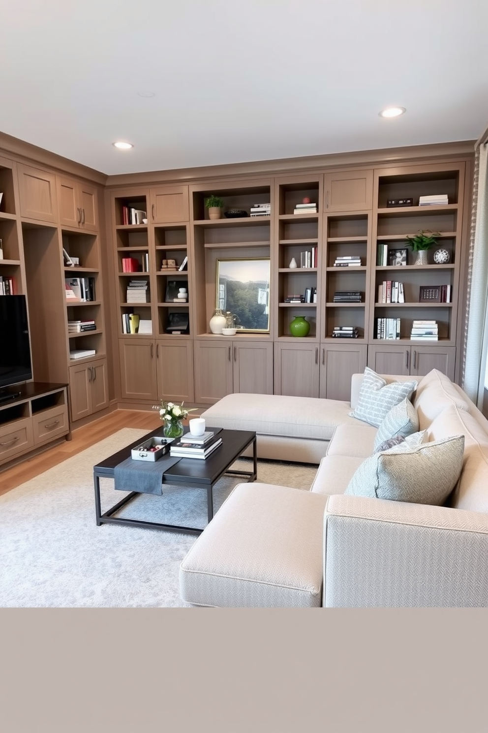 A cozy family room features a large sectional sofa in soft gray fabric, adorned with colorful throw pillows. In front of the sofa, a round wooden coffee table holds a stack of books and a decorative bowl, while a plush area rug anchors the seating area. Adjacent to the sofa, a pair of accent chairs in a bold pattern provide additional seating, creating an inviting atmosphere for gatherings. Warm lighting from a stylish floor lamp enhances the ambiance, making the space perfect for family conversations and relaxation.