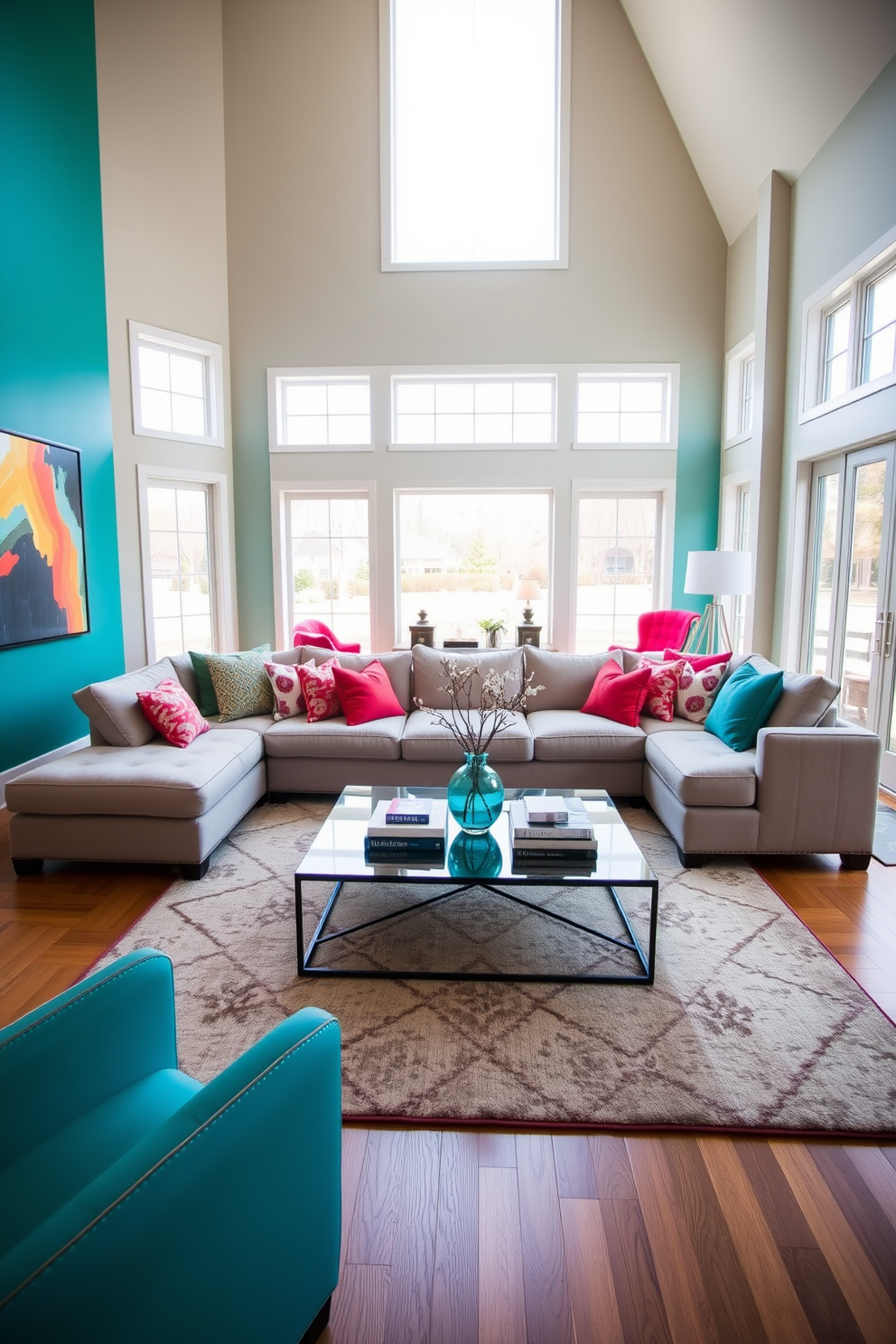 A cozy family room featuring layered rugs that add texture and comfort. The space includes a plush sectional sofa in a neutral tone, accented by colorful throw pillows and a large coffee table made of reclaimed wood.