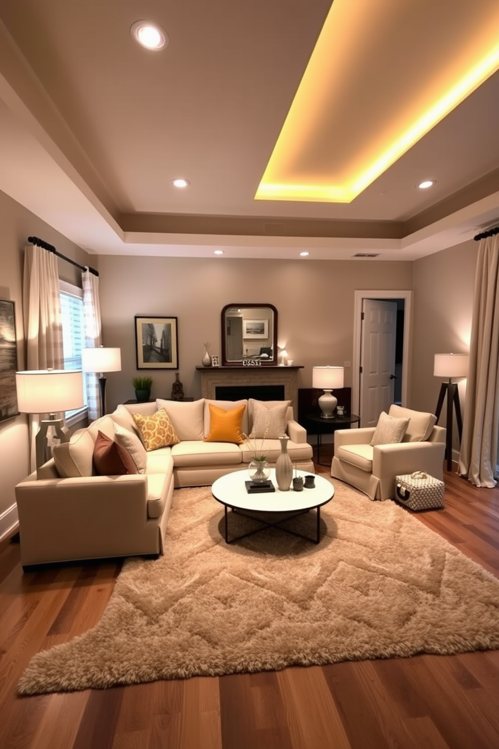 Bright accent chairs in vibrant colors create a focal point in the family room. The chairs are positioned around a cozy coffee table, complemented by a plush area rug that ties the space together.