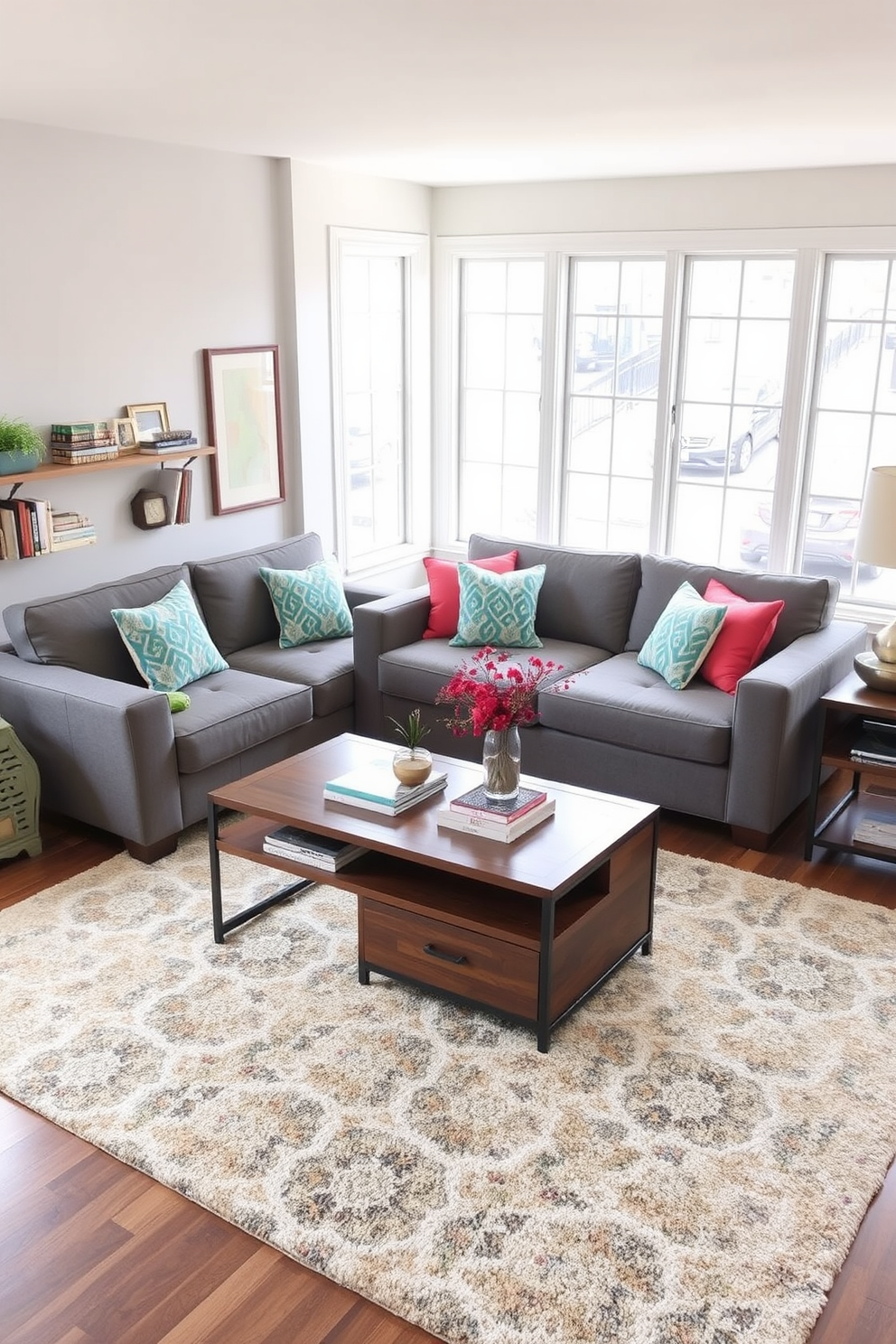 A stylish multi-functional coffee table sits at the center of the family room, designed with a sleek wooden top and hidden storage compartments. Surrounding the table are a cozy sectional sofa and colorful accent chairs, creating an inviting space for relaxation and entertainment.