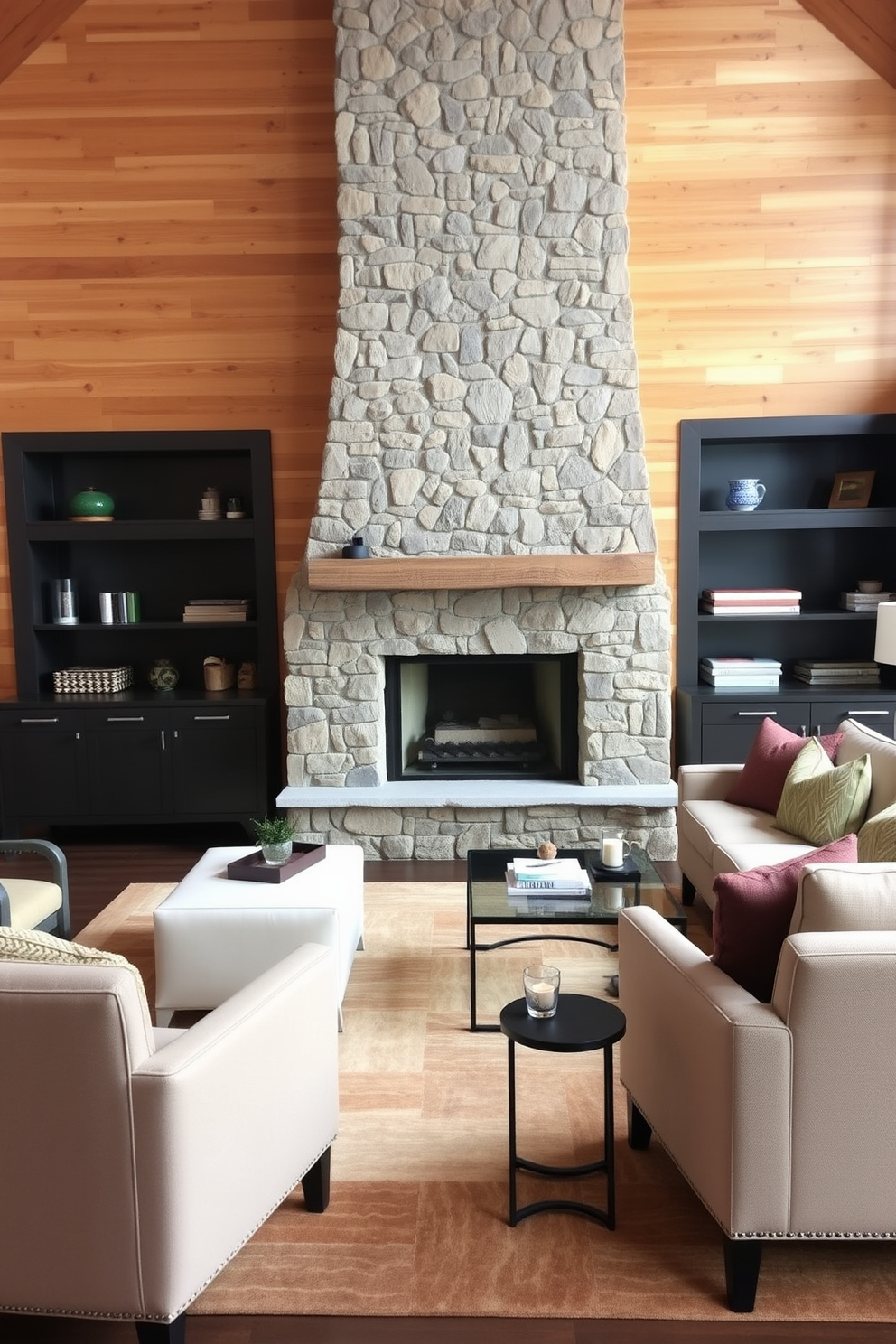 A cozy family room filled with soft lighting from elegant floor and table lamps. The space features a plush sectional sofa adorned with colorful throw pillows, paired with a stylish coffee table at the center. On one wall, built-in shelves display a curated collection of books and decorative items. A large area rug anchors the seating arrangement, while warm tones on the walls create an inviting atmosphere.