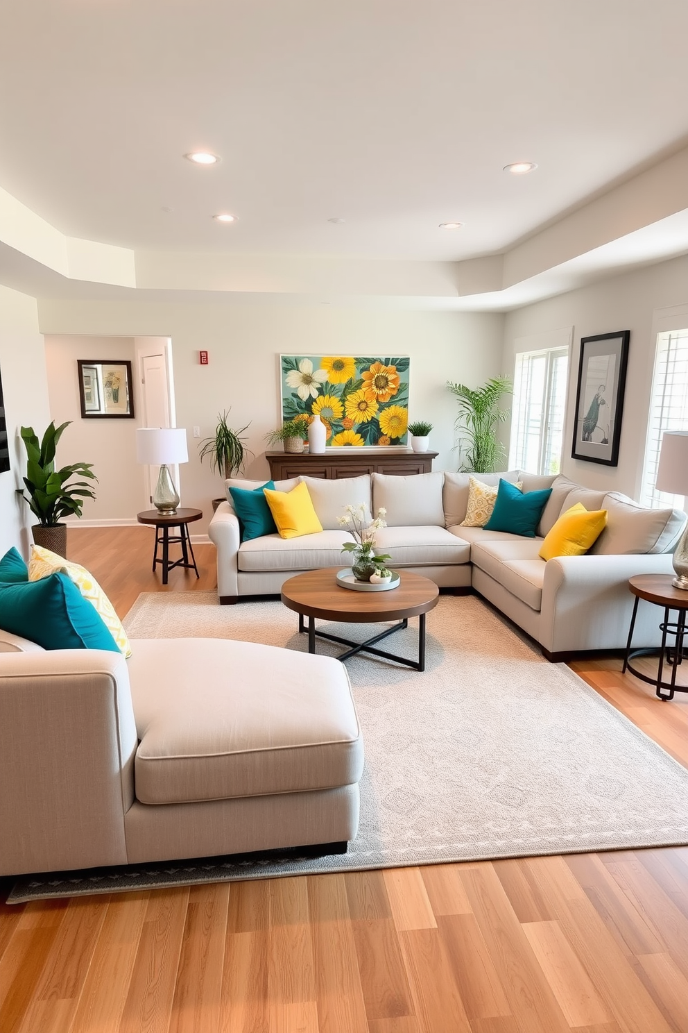 A cozy family room featuring built-in shelving that elegantly displays books and decorative items. The shelves are crafted from natural wood, complementing a plush sectional sofa positioned in front of a modern fireplace. Soft lighting from recessed fixtures highlights the shelving, creating a warm and inviting atmosphere. A large area rug anchors the space, while colorful throw pillows add a pop of personality to the seating arrangement.