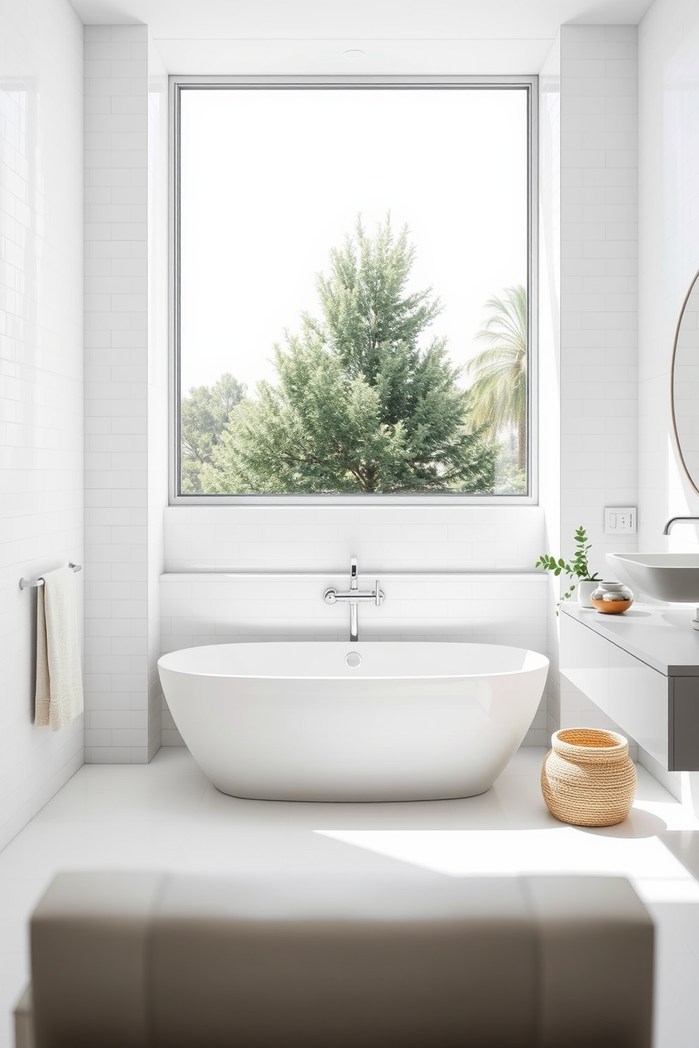 A modern minimalist full bathroom sanctuary featuring pristine white tiles covering the walls and floor. The space includes a sleek freestanding bathtub positioned beneath a large window, allowing natural light to flood the room. A floating vanity with a simple rectangular sink complements the clean lines of the design. Soft, neutral accents like a woven basket and a small potted plant add warmth to the serene atmosphere.