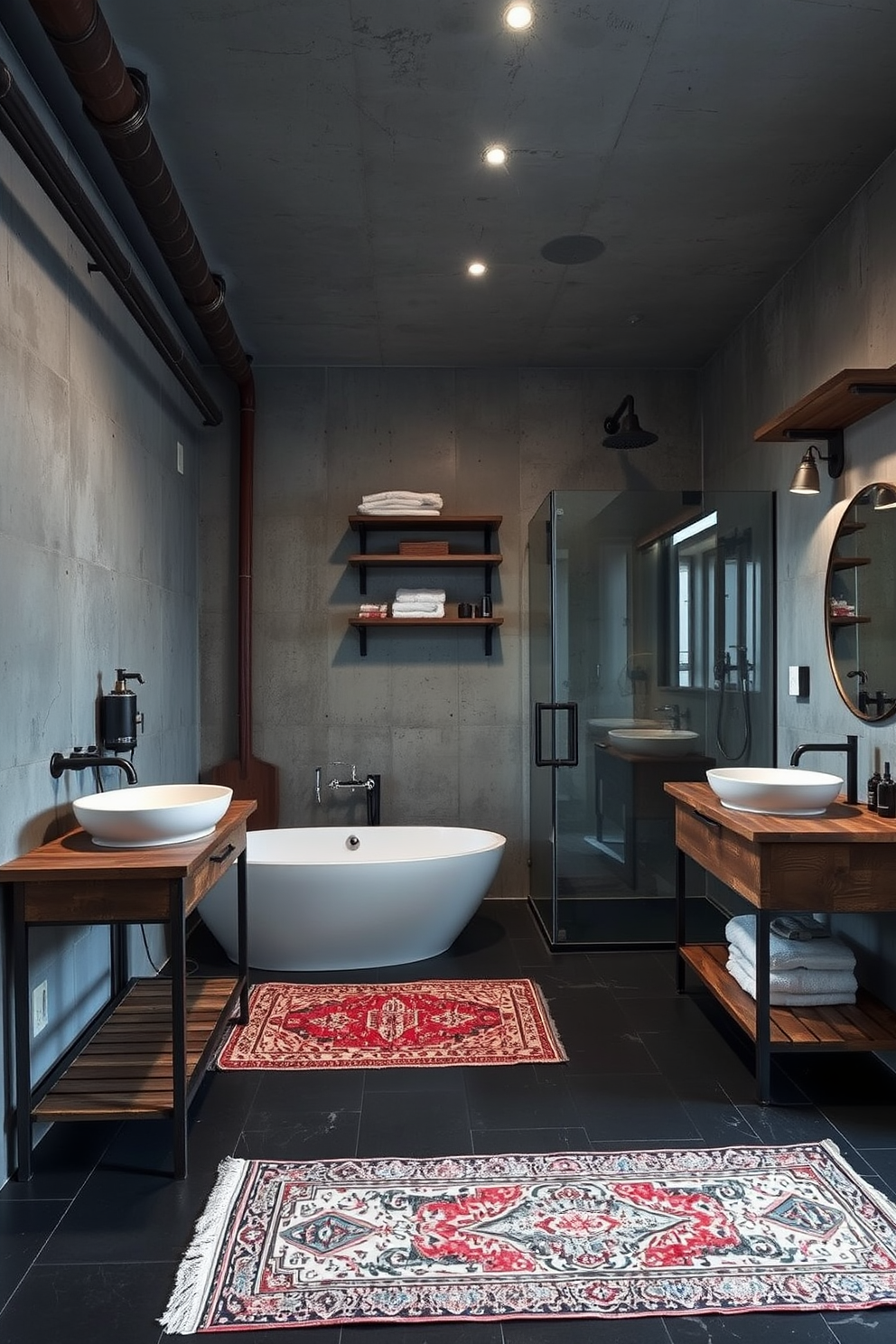 A striking full bathroom design featuring industrial style elements with exposed pipes and a raw concrete wall. The space includes a freestanding tub and a glass-enclosed shower, complemented by a rustic wooden vanity with a double sink. Metal accents are incorporated through the fixtures and shelving, adding a modern touch to the rugged aesthetic. The floor is adorned with large, dark tiles, while a vintage rug adds warmth and character to the overall design.