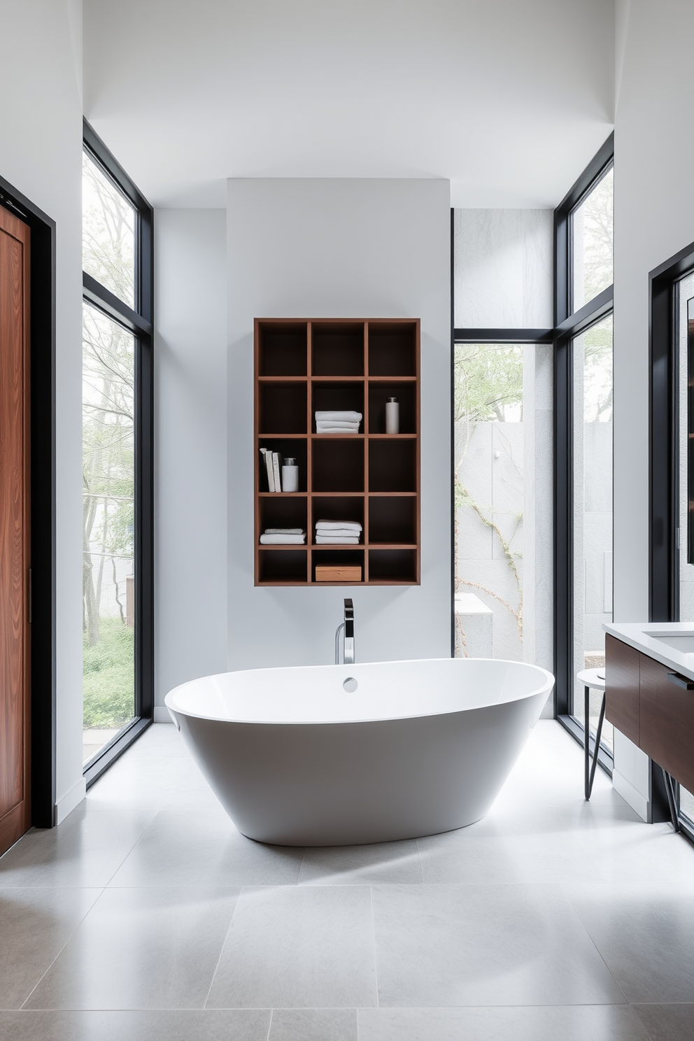 Smart storage solutions for small spaces. A sleek wall-mounted cabinet with multiple compartments maximizes vertical space while maintaining a clean aesthetic. Full bathroom design ideas. A luxurious freestanding bathtub sits elegantly in the corner, surrounded by large windows that allow natural light to flood the room.