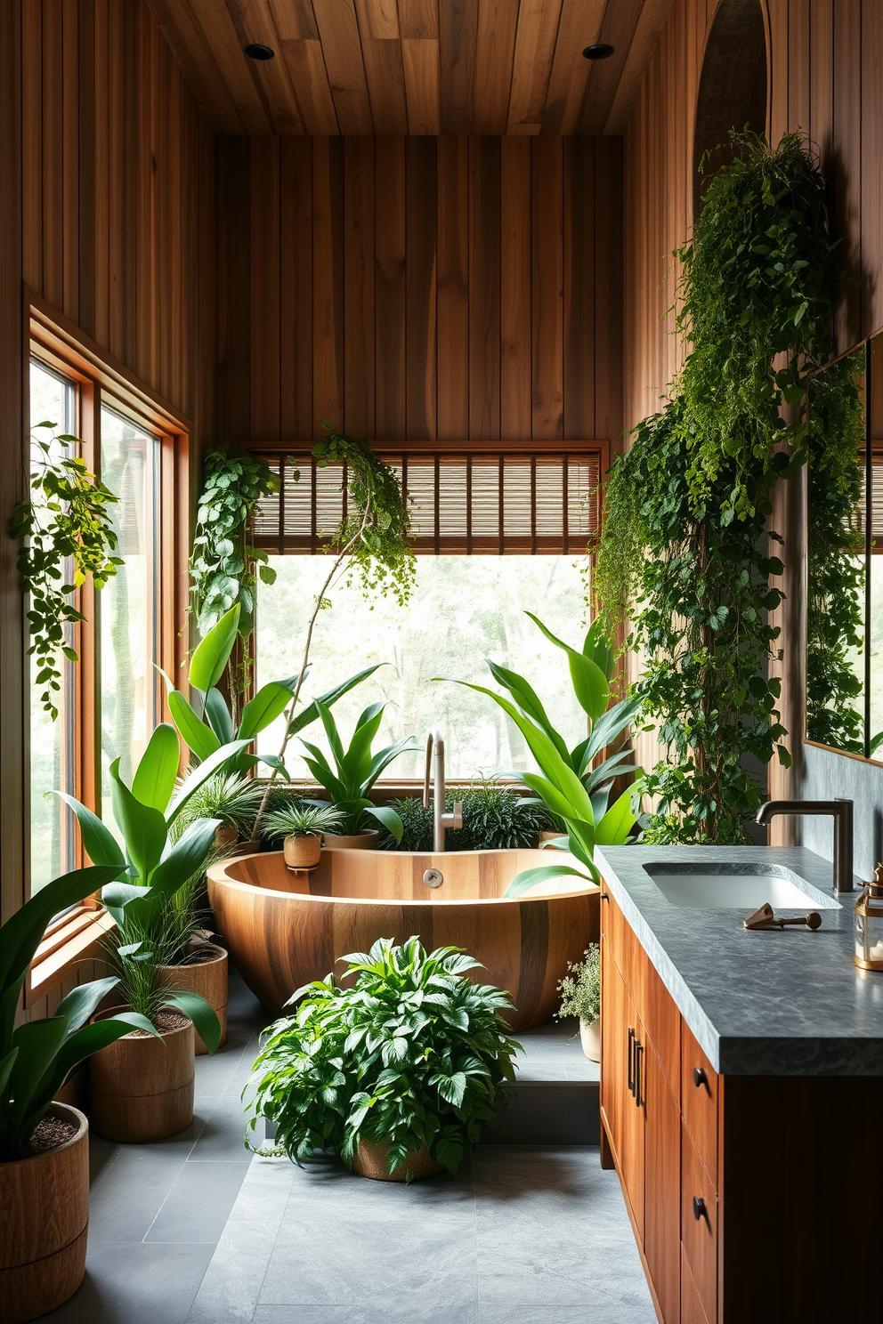 A serene full bathroom design featuring nature-inspired decor with abundant greenery and natural wood elements. The space includes a freestanding wooden bathtub surrounded by potted plants and a large window that brings in natural light. The walls are adorned with wood paneling, creating a warm and inviting atmosphere. A sleek wooden vanity with a stone countertop complements the organic theme, while lush plants are strategically placed to enhance the tranquil vibe.