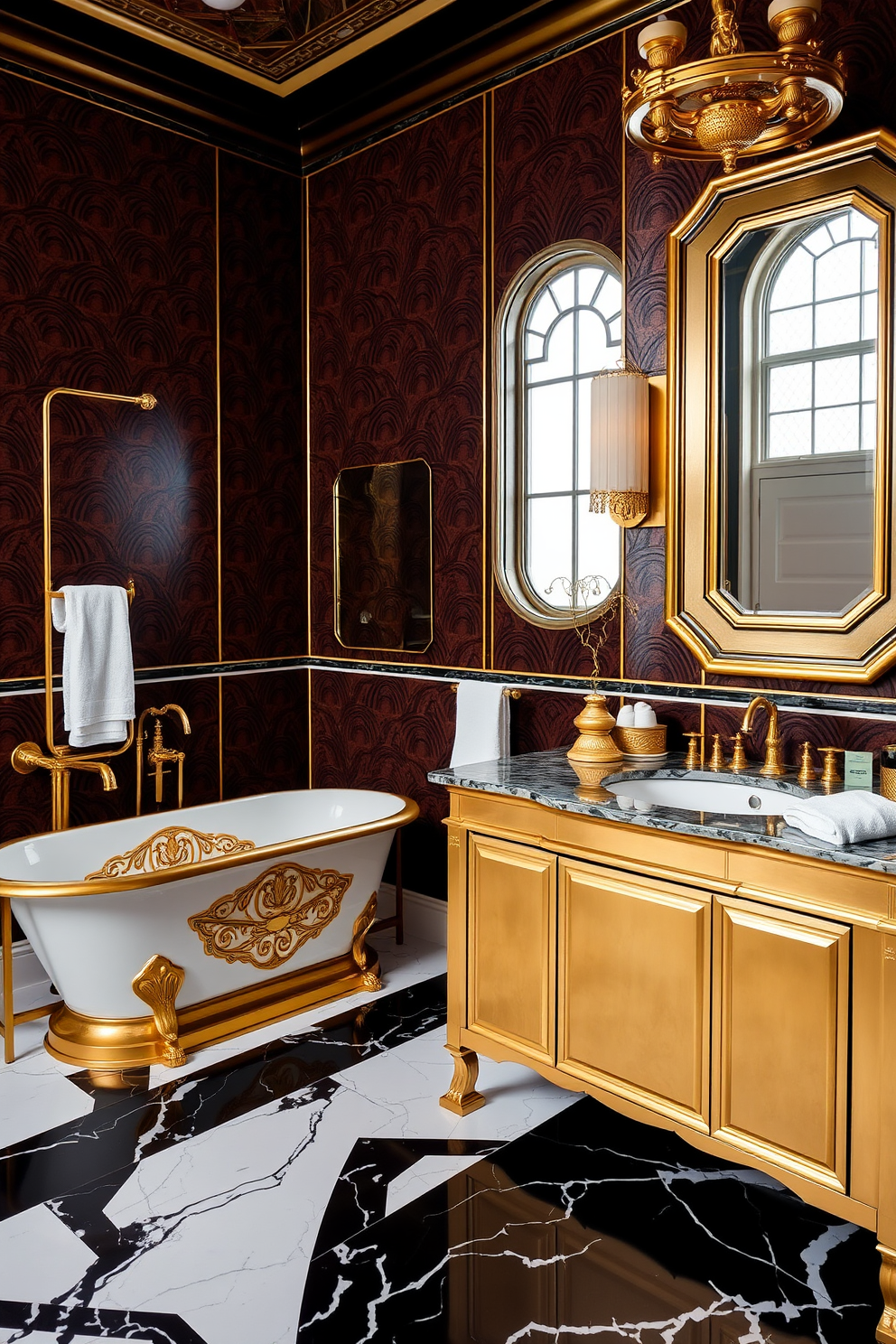 Art deco glamour with gold finishes. The bathroom features a freestanding bathtub with intricate detailing, surrounded by elegant gold fixtures and accessories. The walls are adorned with bold geometric patterns in rich colors, while the floor showcases a luxurious black and white marble design. A large vanity with a polished gold mirror reflects the opulence of the space, complemented by plush towels and decorative accents.