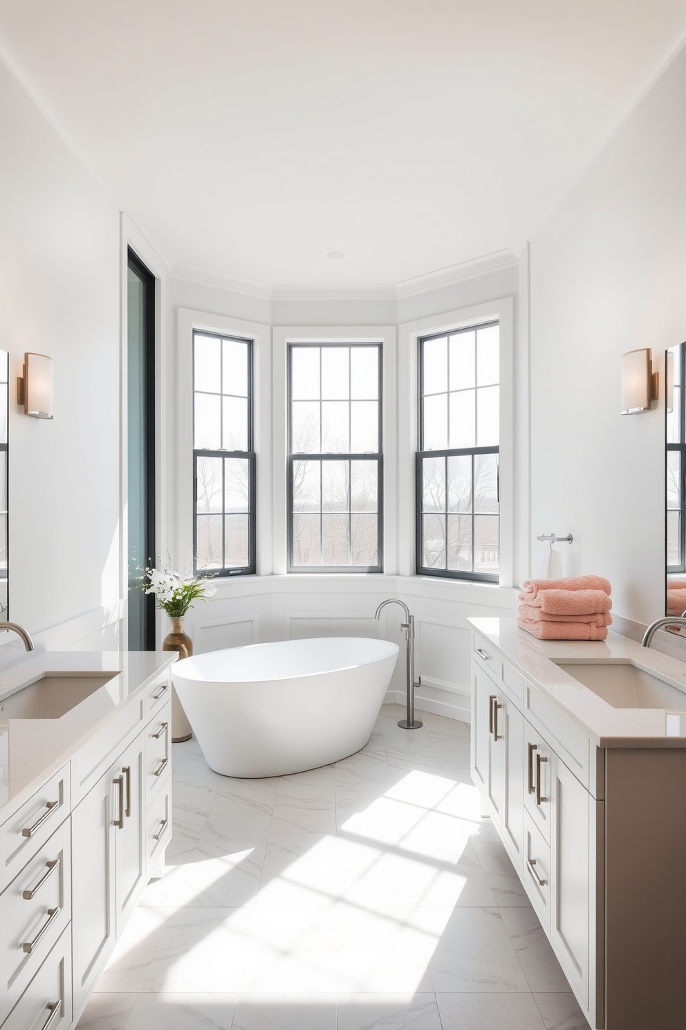 Bright and airy full bathroom design featuring large windows that allow natural light to flood the space. The walls are painted in a soft white hue, complemented by light wood accents and a spacious freestanding bathtub positioned under the windows. The double vanity is designed with sleek, modern cabinetry and topped with a polished quartz surface. Elegant fixtures in brushed nickel add a touch of sophistication, while plush towels in pastel colors are neatly arranged for a fresh look.